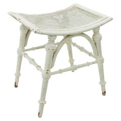 White Patinated Wood Stool with Cane Seat, Chippendale Style