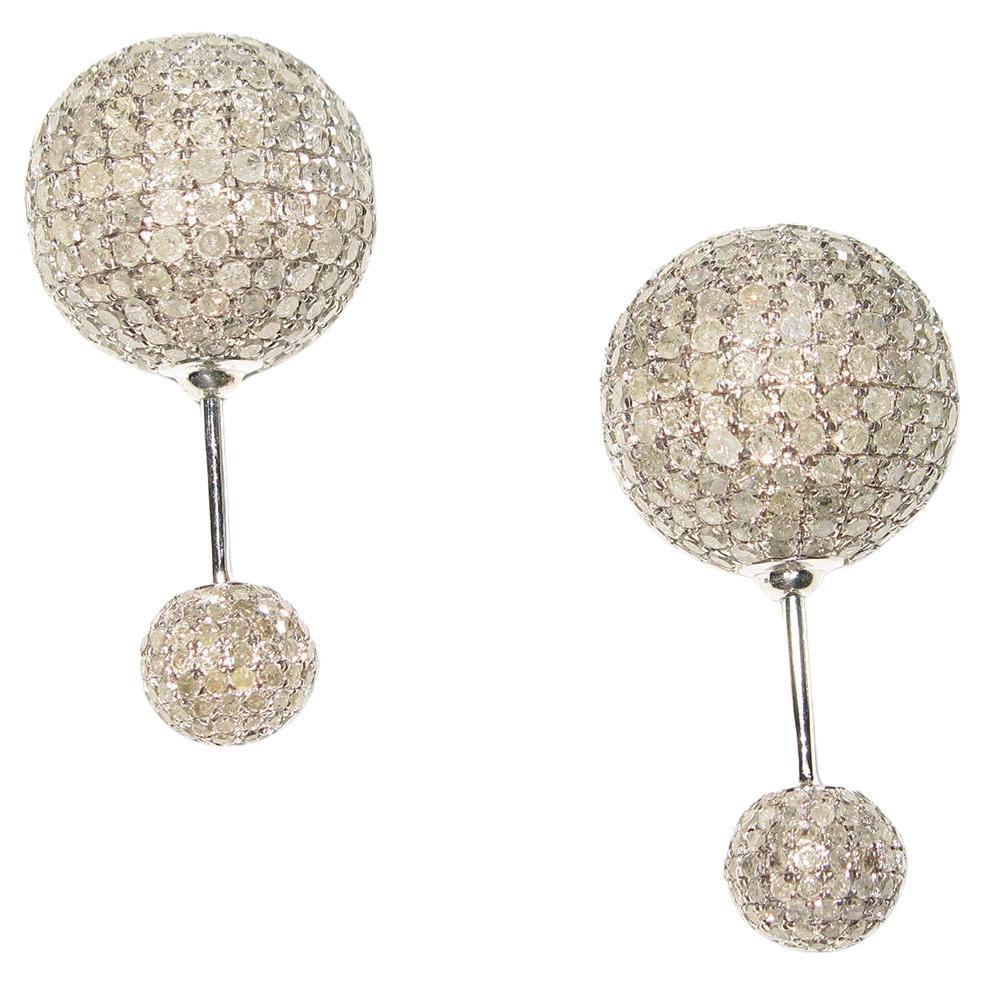 White Pave Diamond Ball Earrings Made In 18k Gold & Silver For Sale