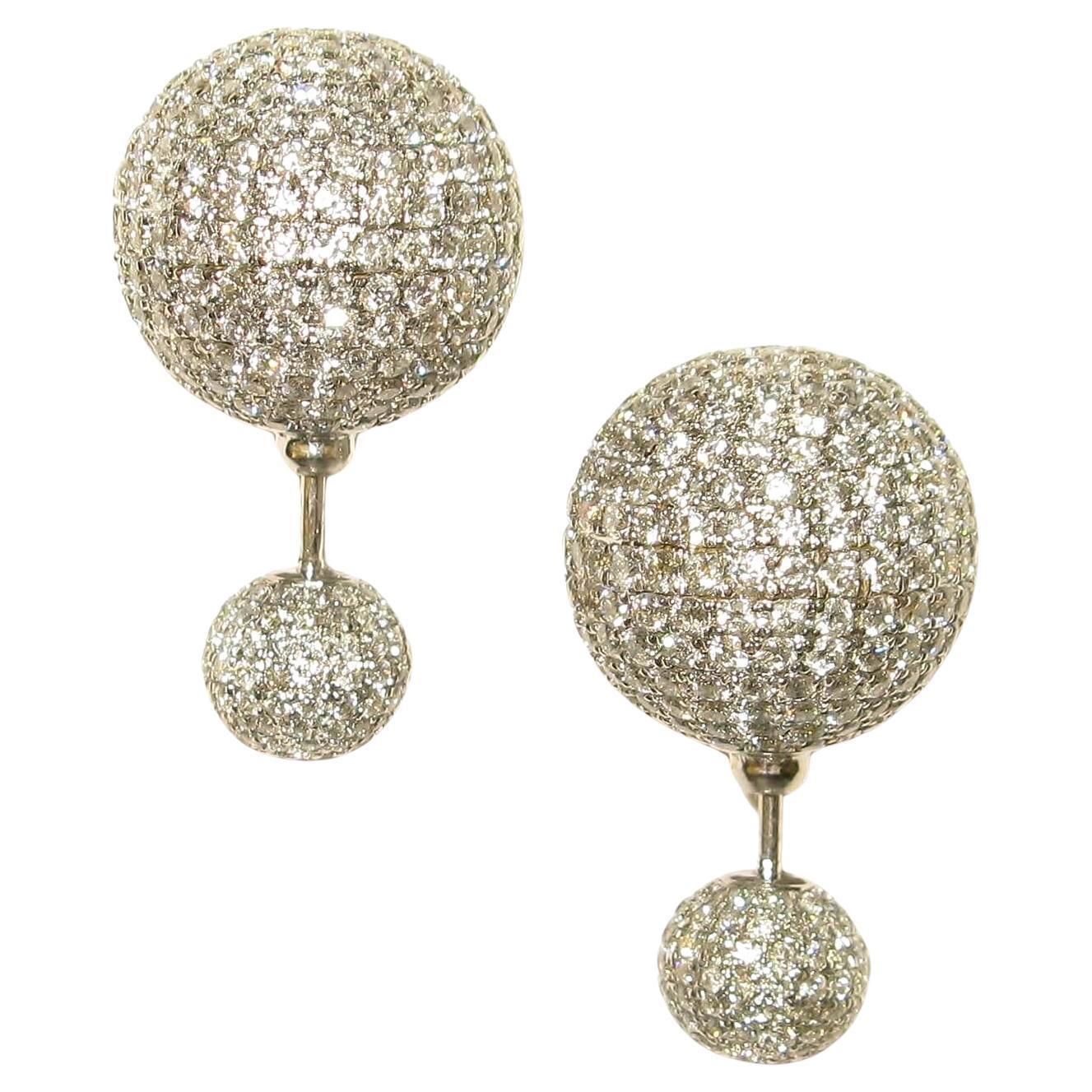 White Pave Diamond Ball Earrings Made In 18k Gold & Silver For Sale