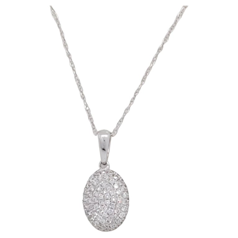 White Pave Oval Dome Pendant Necklace in 18k White Gold For Sale at 1stDibs