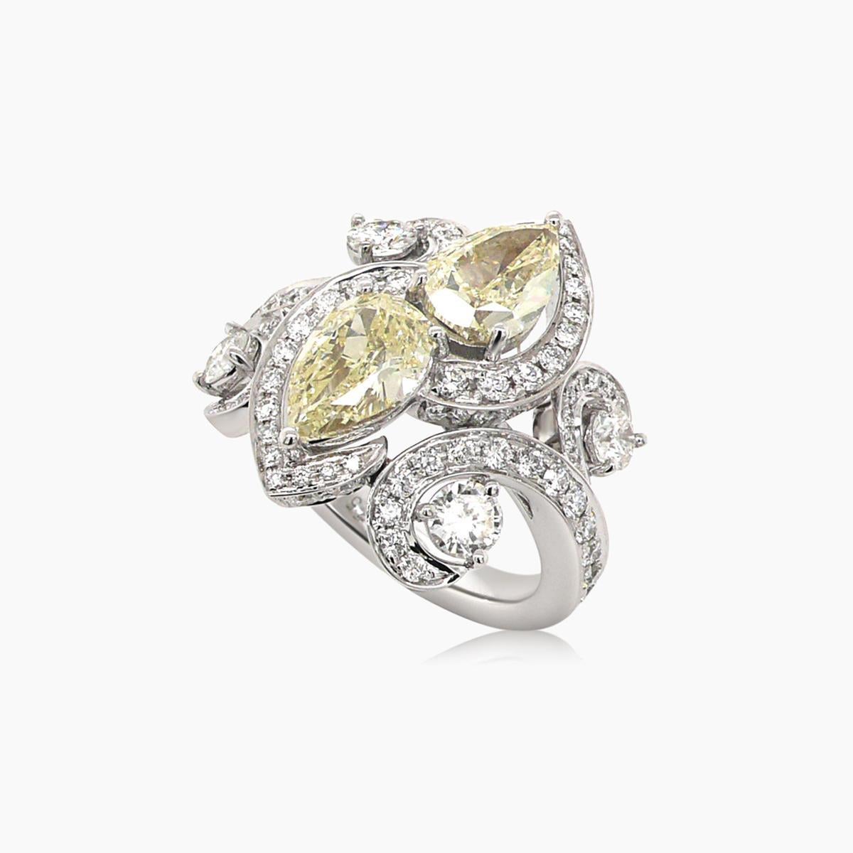 Mixed Cut White & Pear Drop Shape Yellow Diamond 18K White Gold Sparkle Ring For Sale