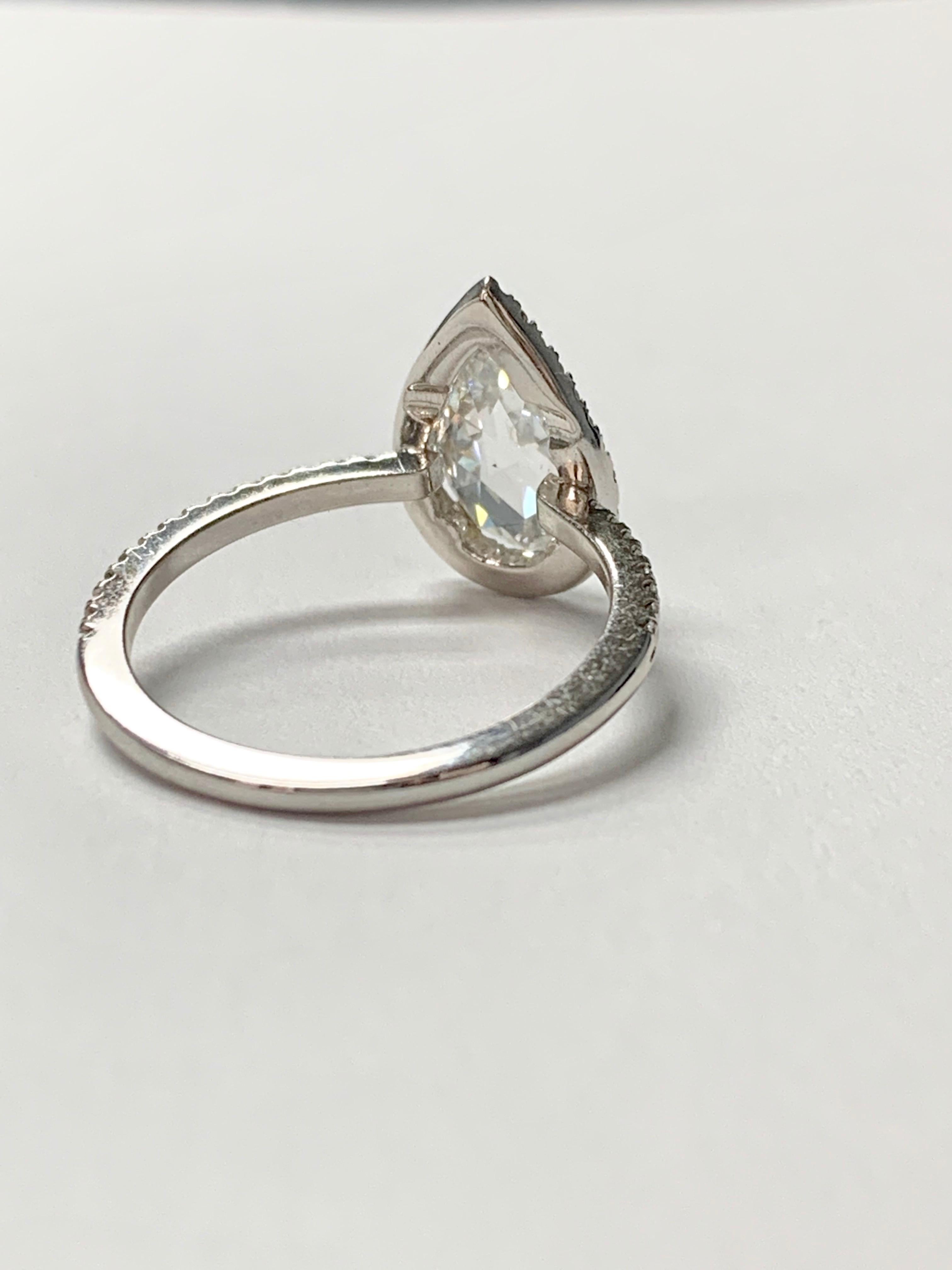 White Pear Shape Rose Cut Diamond Engagement Ring in 18K White Gold For Sale 2