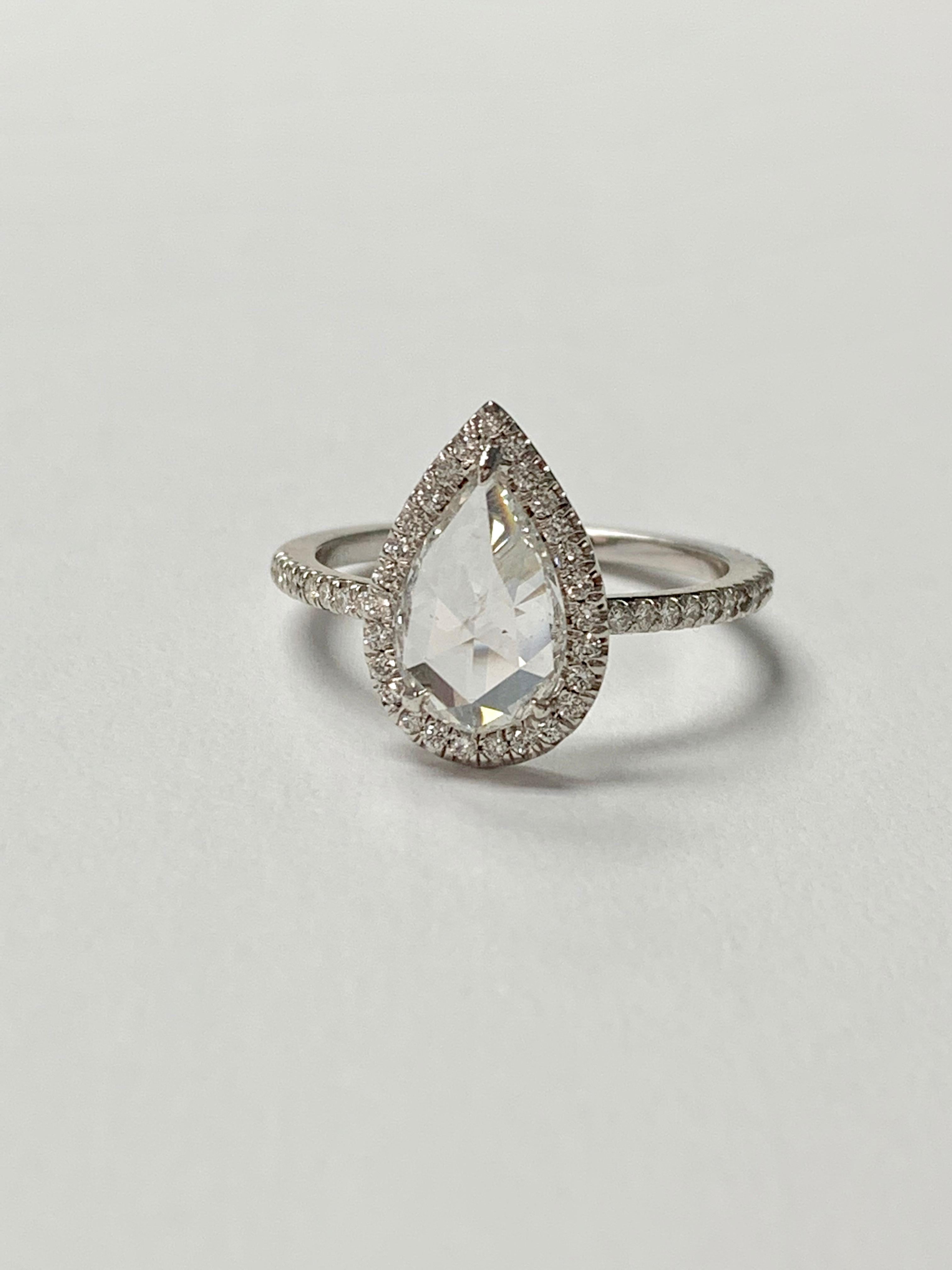White Pear Shape Rose Cut Diamond Engagement Ring in 18K White Gold For Sale 3