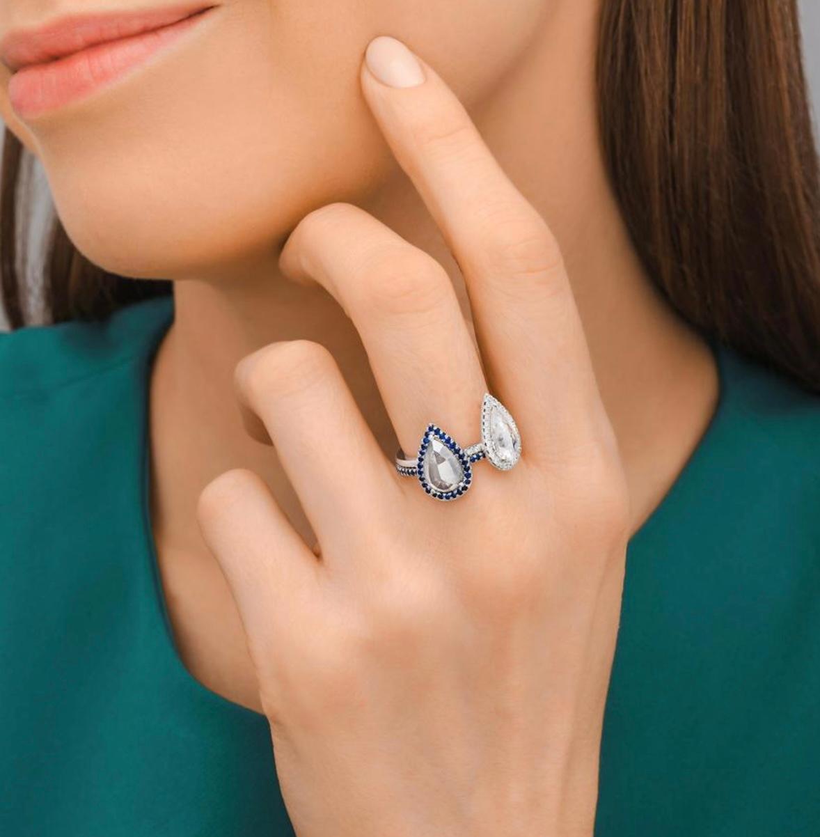 White Pear Shape Rose Cut Diamond Engagement Ring in 18K White Gold For Sale 4