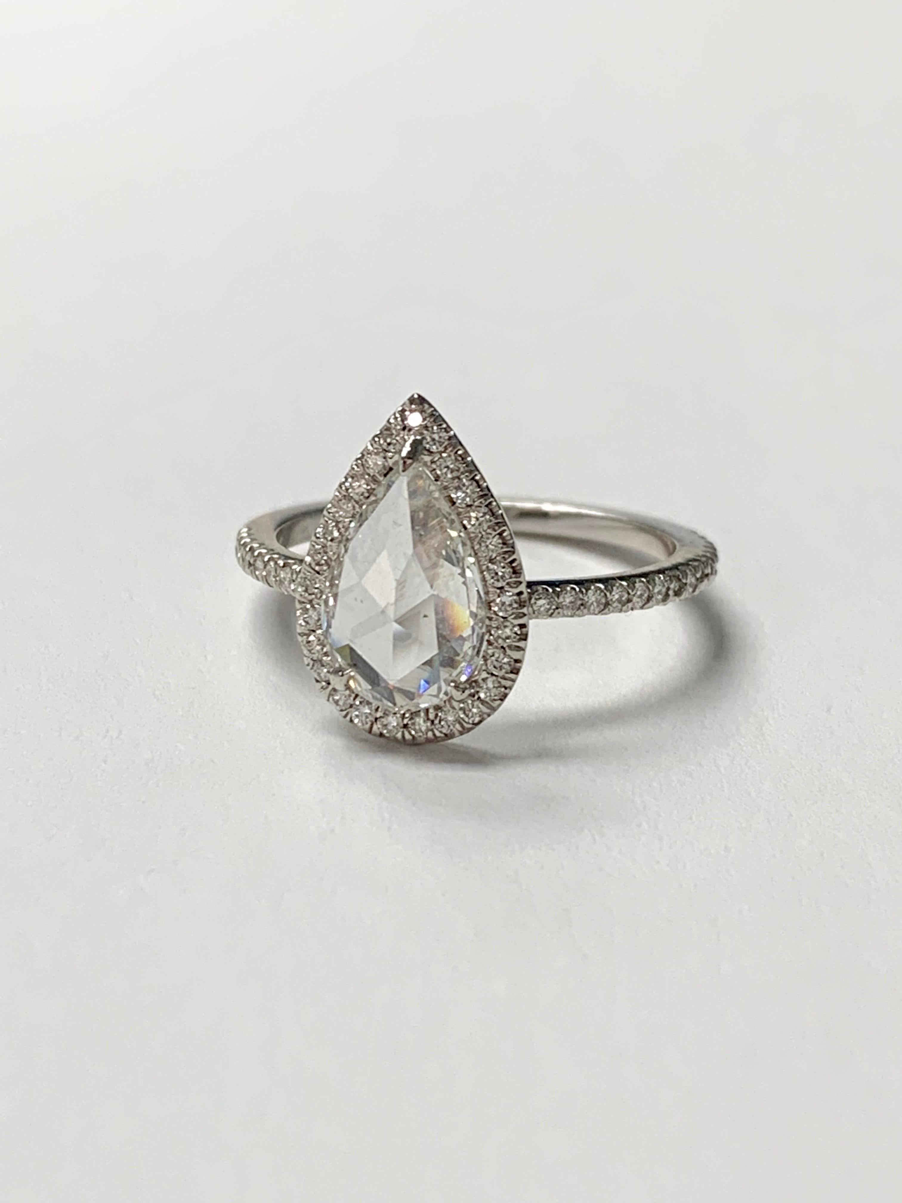 Contemporary White Pear Shape Rose Cut Diamond Engagement Ring in 18K White Gold For Sale