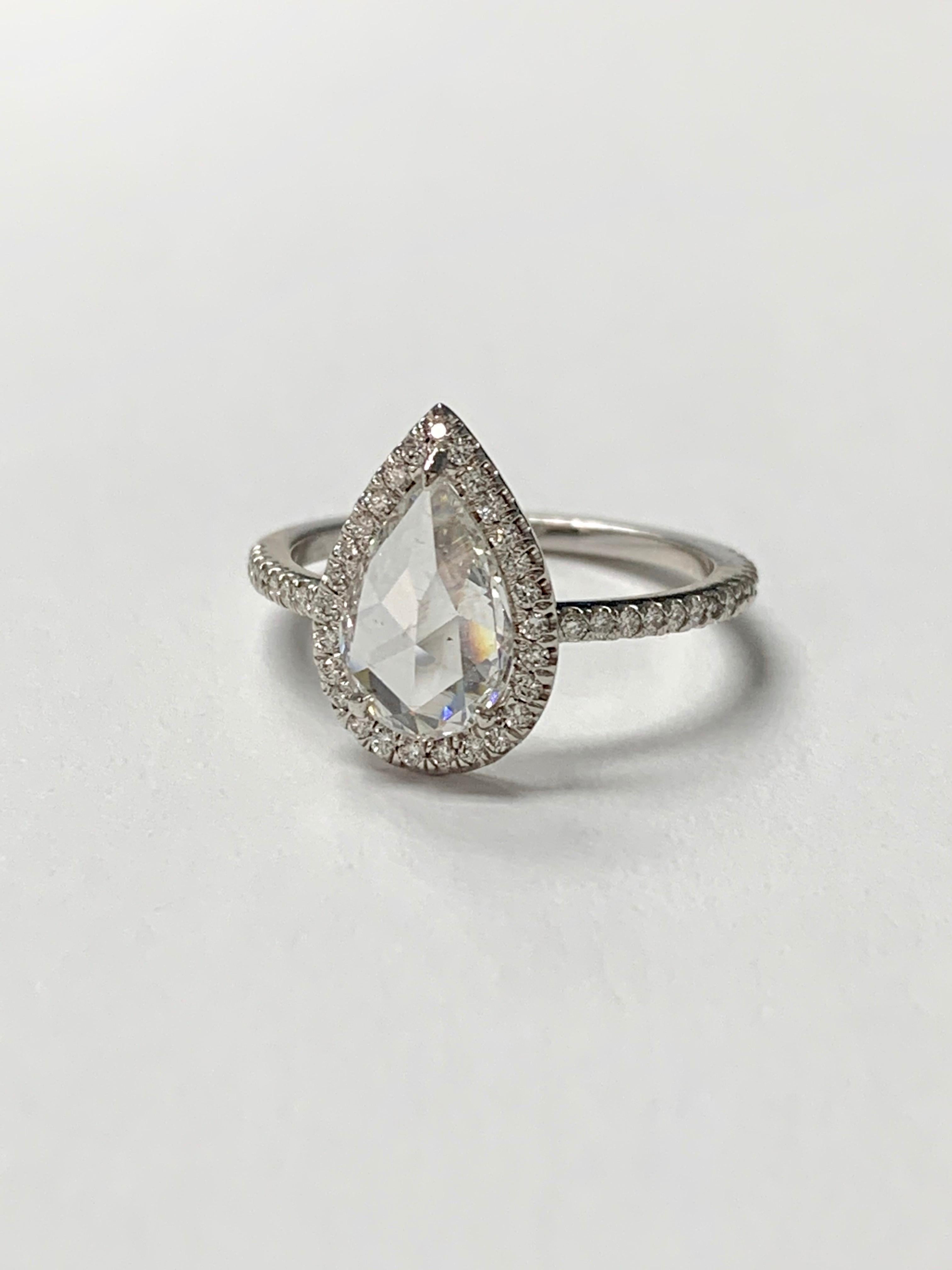 Women's or Men's White Pear Shape Rose Cut Diamond Engagement Ring in 18K White Gold For Sale