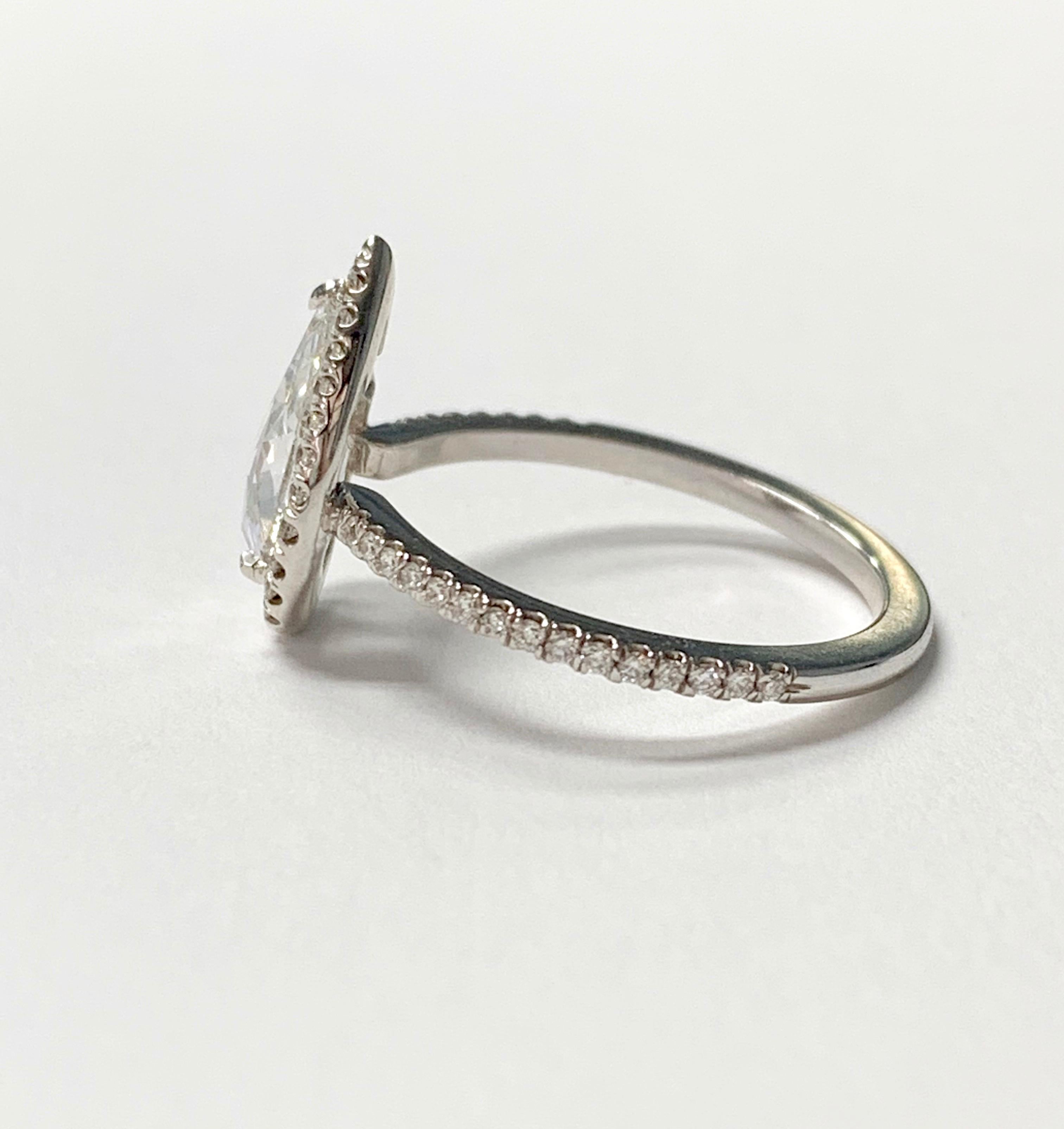 White Pear Shape Rose Cut Diamond Engagement Ring in 18K White Gold For Sale 1