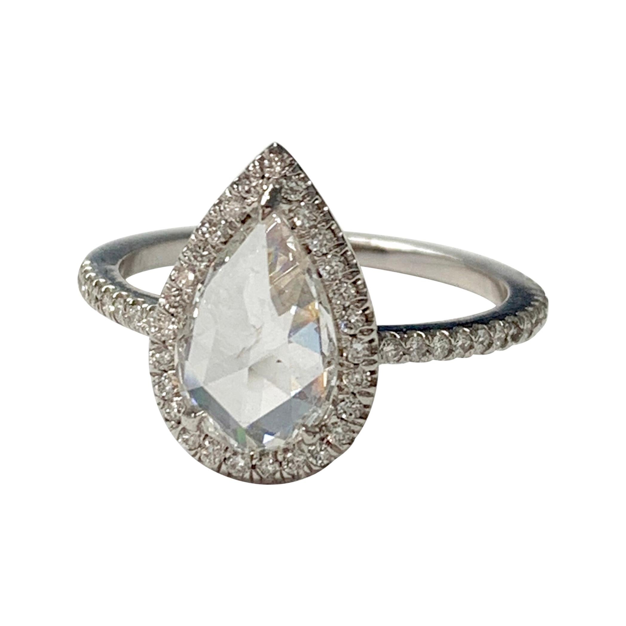 White Pear Shape Rose Cut Diamond Engagement Ring in 18K White Gold For Sale