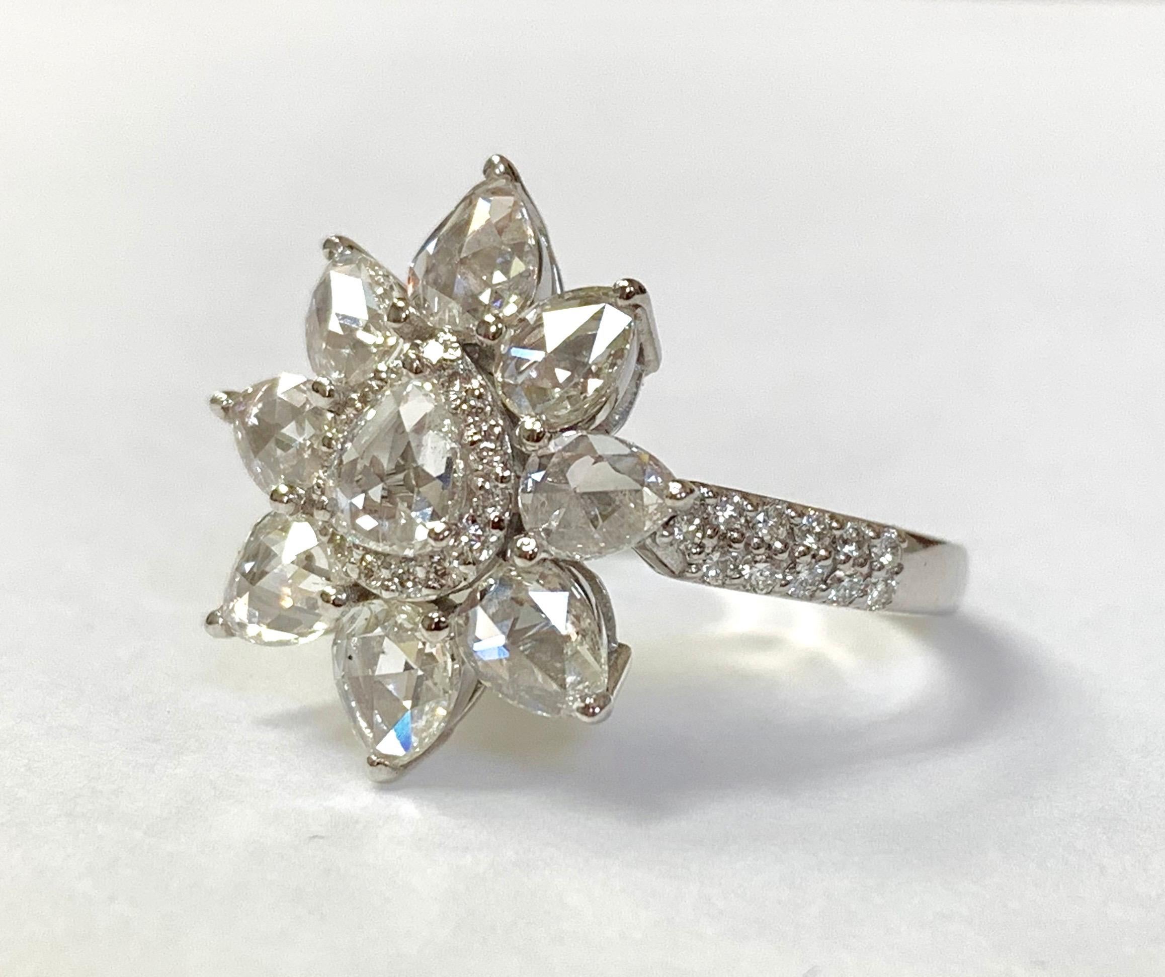 White Pear Shape Rose Cut Diamond Ring in 18 Karat White Gold 5