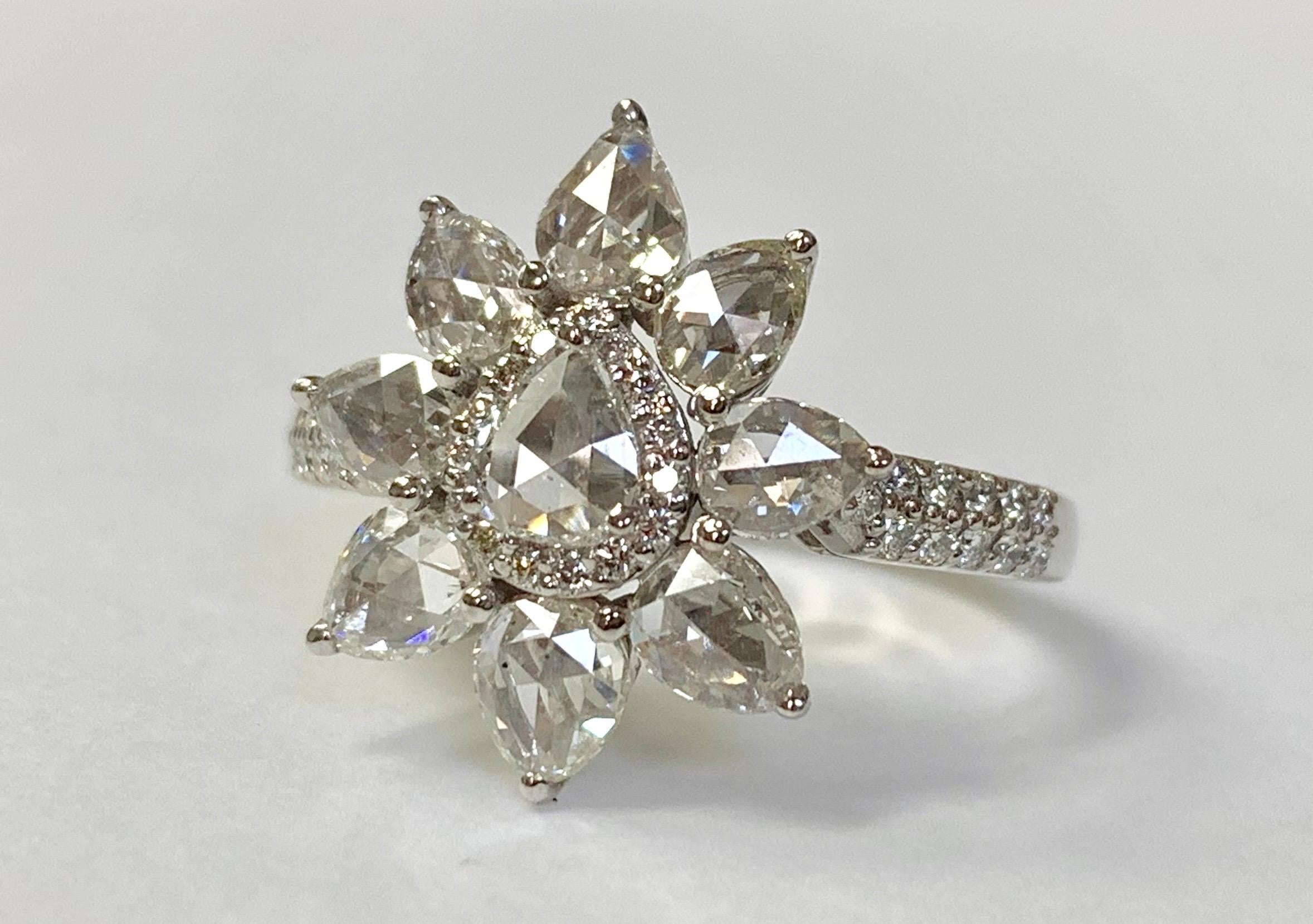 White Pear Shape Rose Cut Diamond Ring in 18 Karat White Gold 6