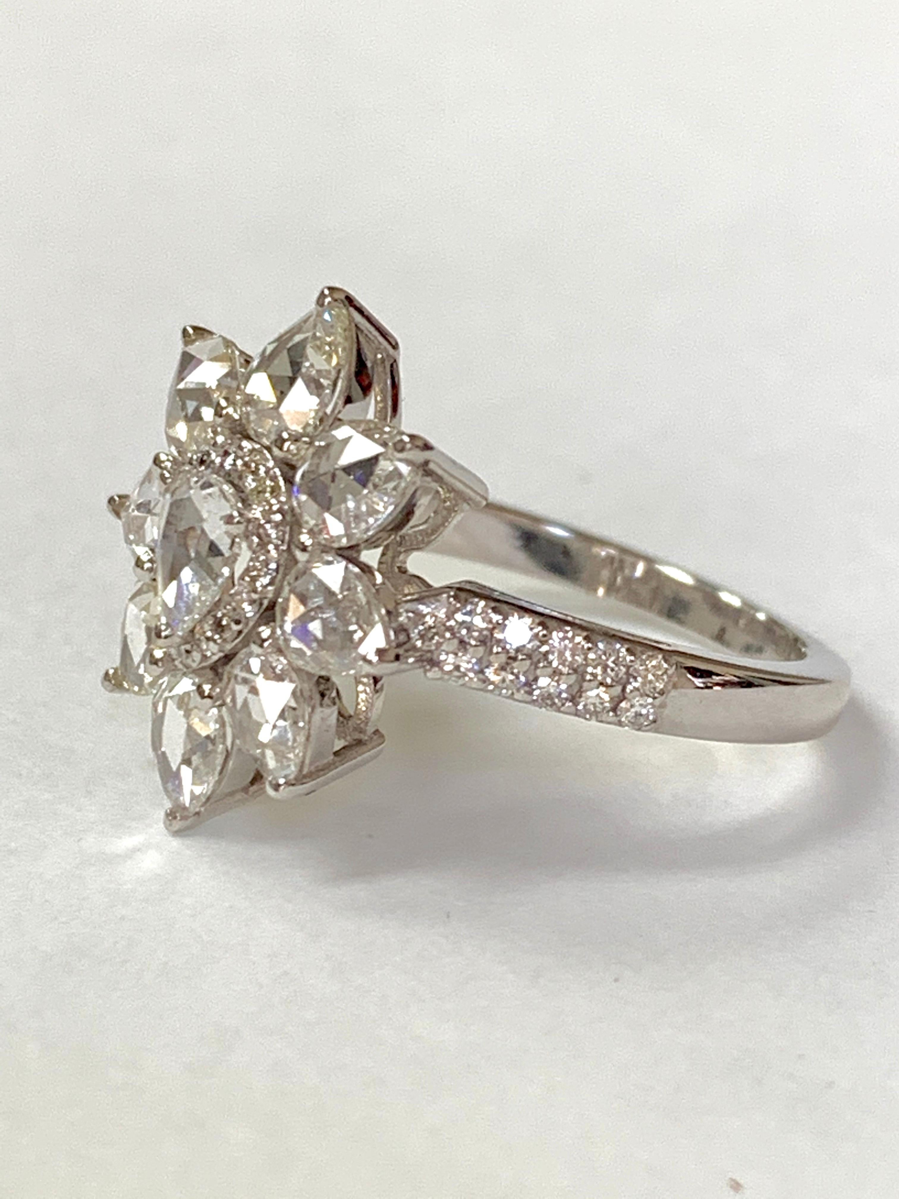 Pear Cut White Pear Shape Rose Cut Diamond Ring in 18 Karat White Gold