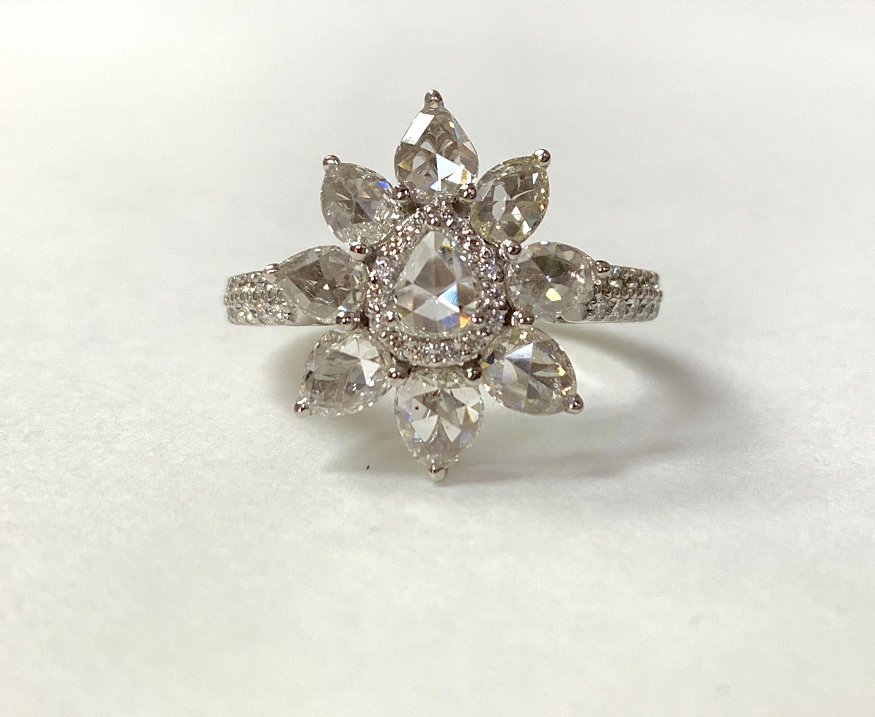 White Pear Shape Rose Cut Diamond Ring in 18 Karat White Gold 2