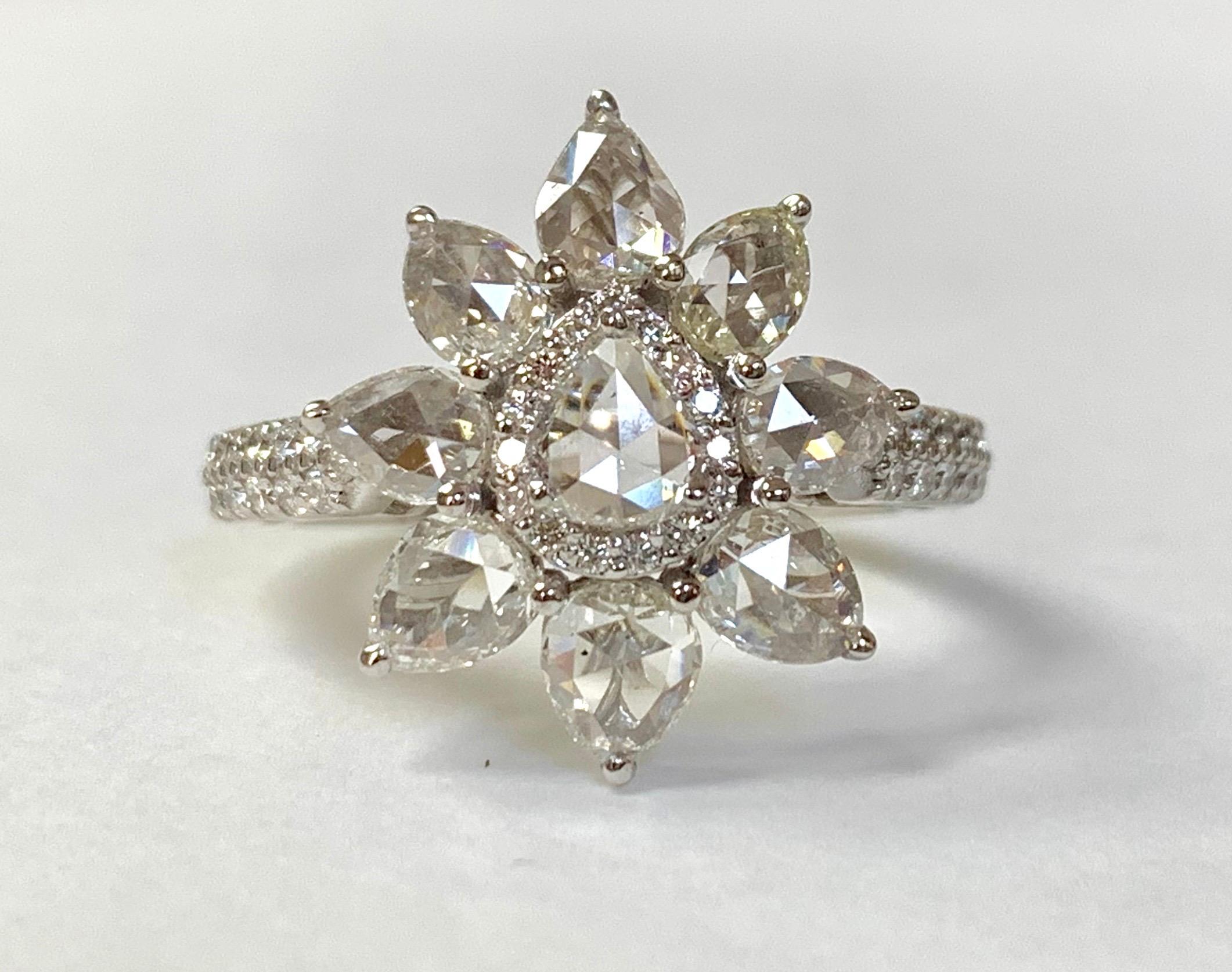 White Pear Shape Rose Cut Diamond Ring in 18 Karat White Gold 4