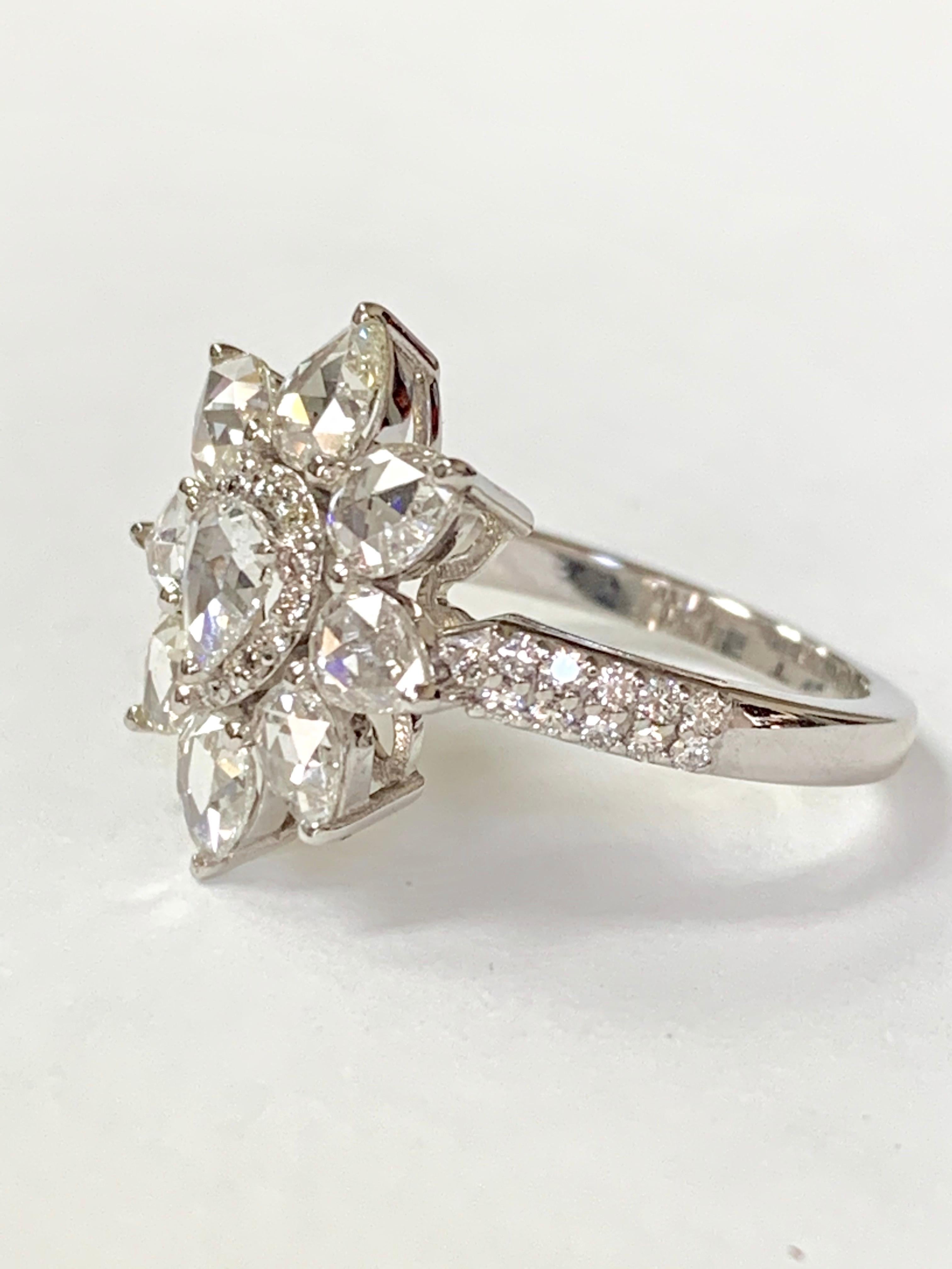 Contemporary White Pear Shape Rose Cut Diamond Ring in 18 Karat White Gold