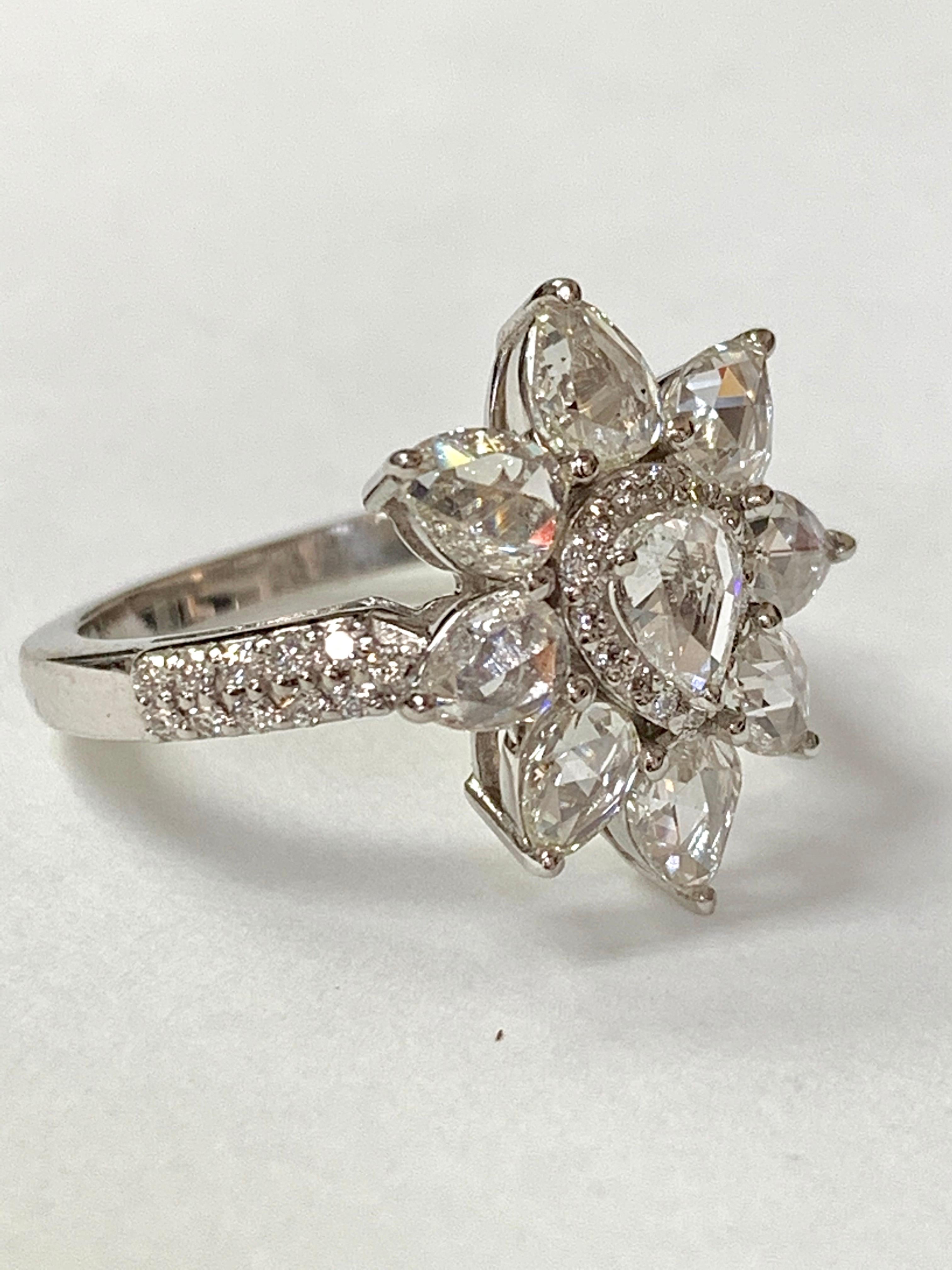 Women's White Pear Shape Rose Cut Diamond Ring in 18 Karat White Gold
