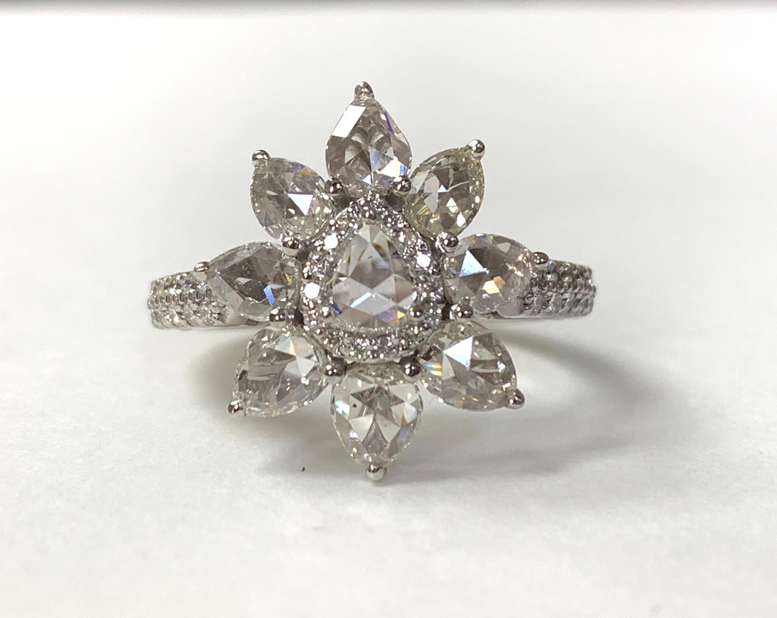 White Pear Shape Rose Cut Diamond Ring in 18 Karat White Gold 1