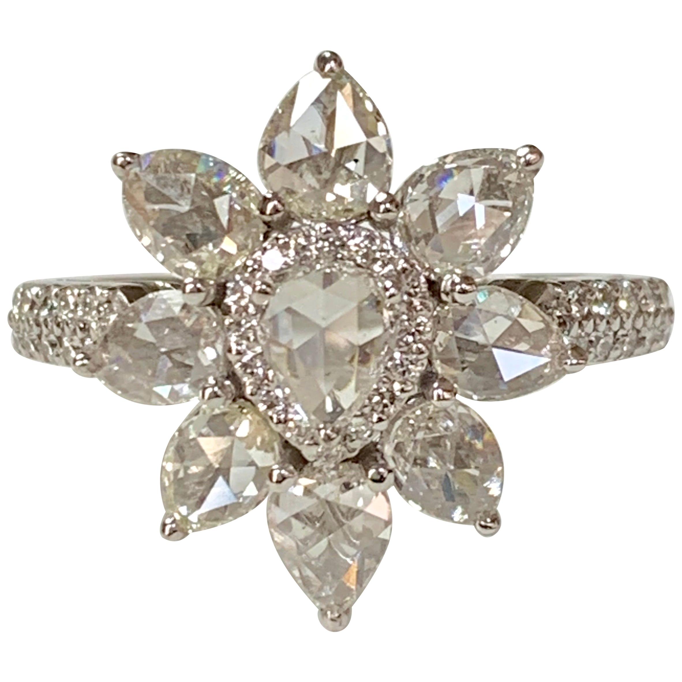 White Pear Shape Rose Cut Diamond Ring in 18 Karat White Gold