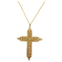 White Pearl and 14k Yellow Gold Cross Pendant Necklace