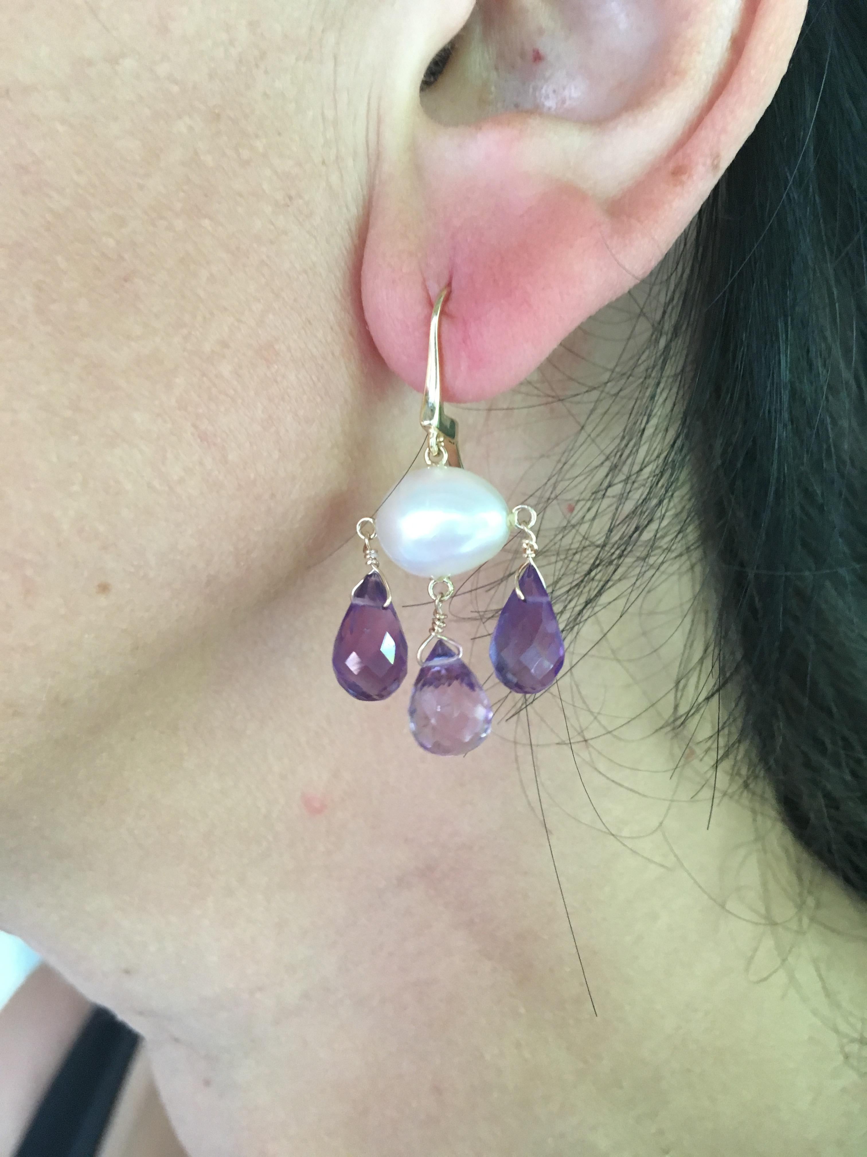 Bead Marina J Cultured White Pearl and Amethyst Drop Earrings with 14 K Yellow Gold  For Sale