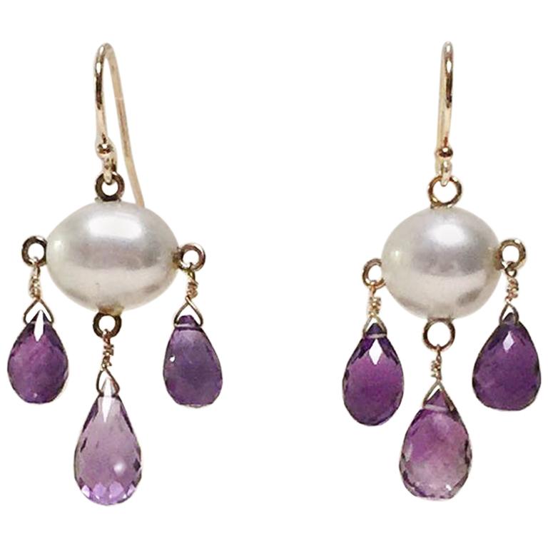Marina J Cultured White Pearl and Amethyst Drop Earrings with 14 K Yellow Gold  For Sale