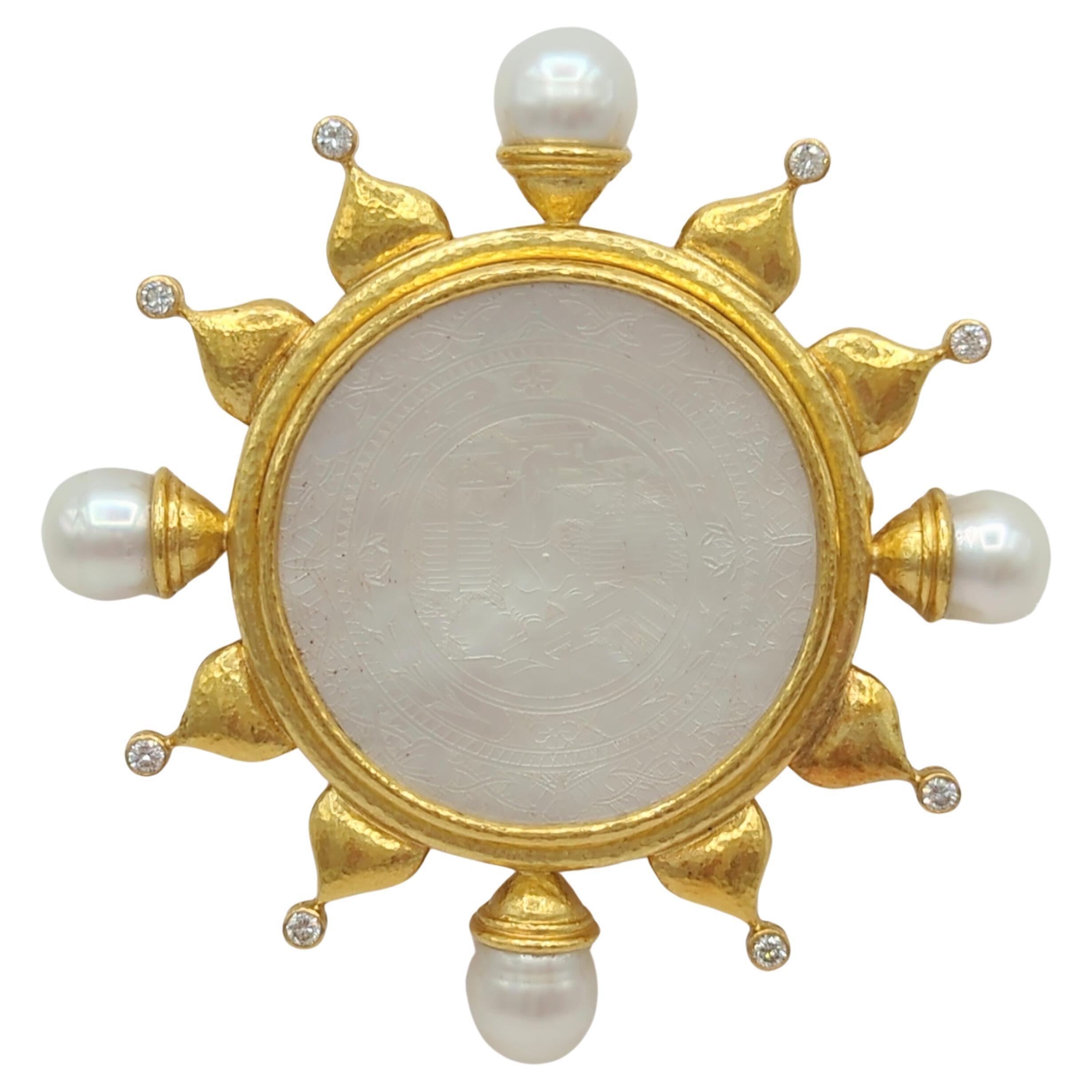 White Pearl and Diamond Chinese Gaming Brooch in 18K Yellow Gold  For Sale