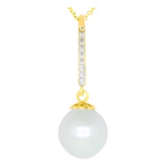 Round White Pearl and Diamond Drop Pendant Necklace 18K Yellow Gold