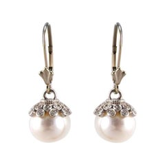 White Pearl and Diamond Earrings in 14 Karat White Gold