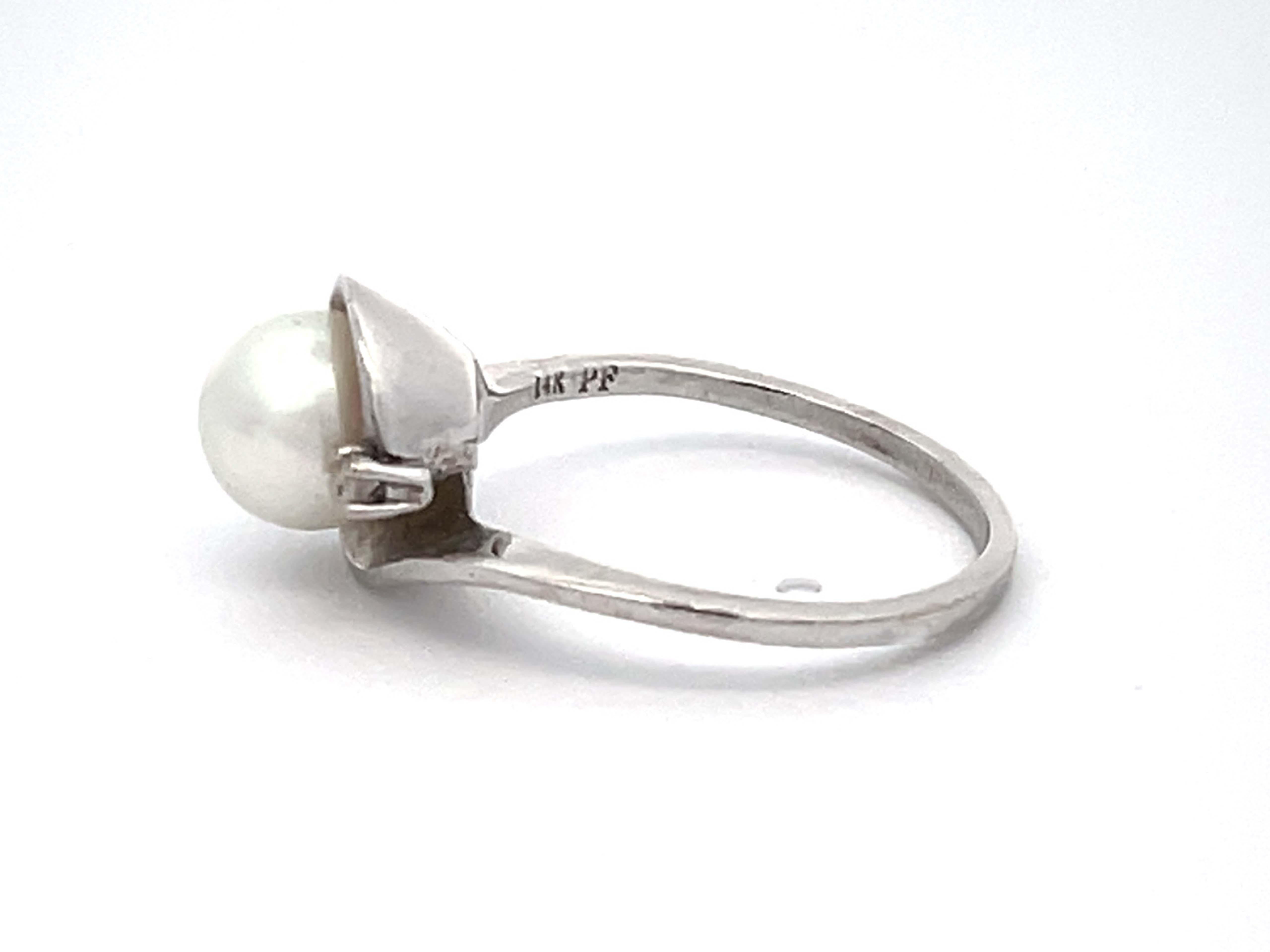 Women's or Men's White Pearl and Diamond Ring in 14k White Gold For Sale