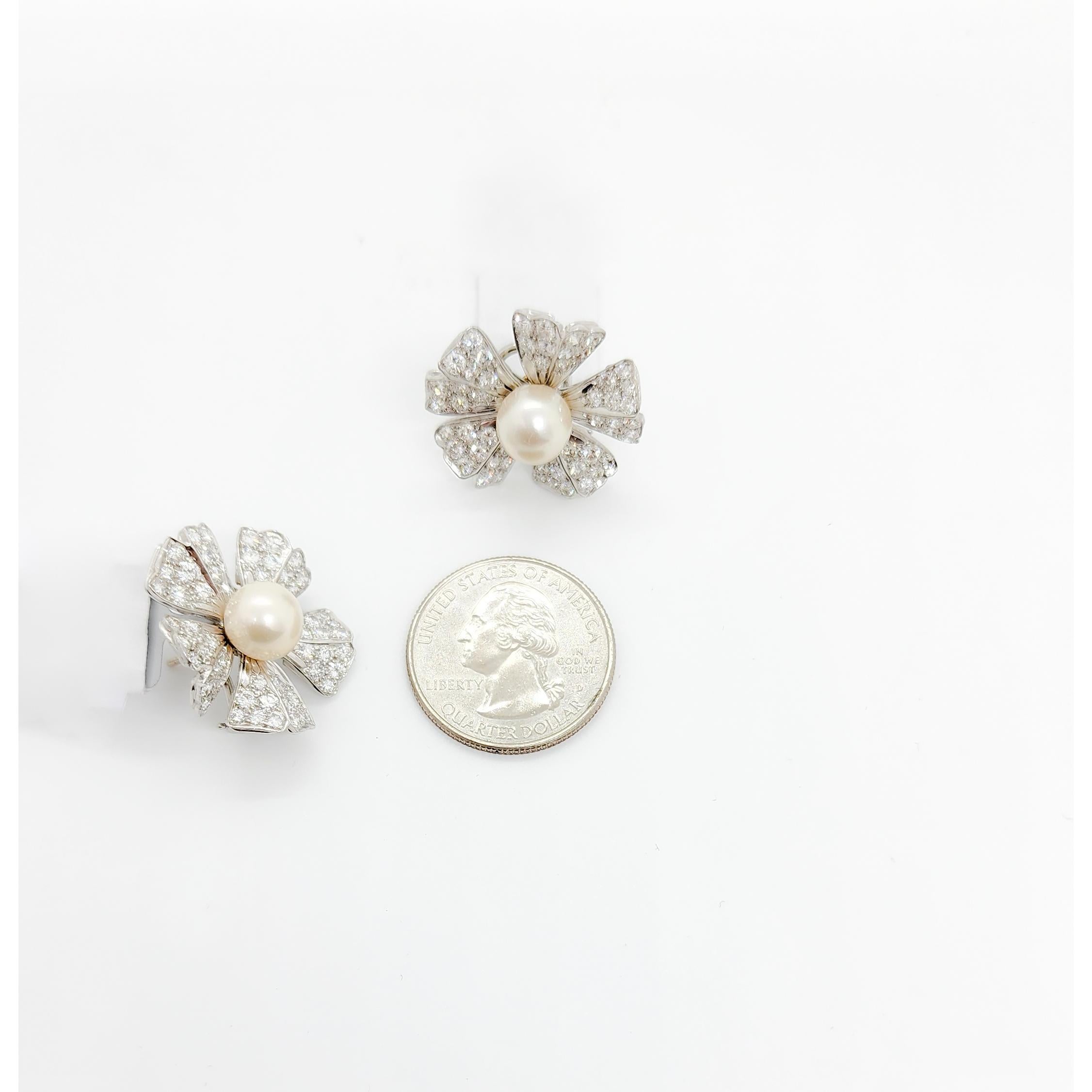 White Pearl and Diamond Round Omega Earrings In New Condition For Sale In Los Angeles, CA