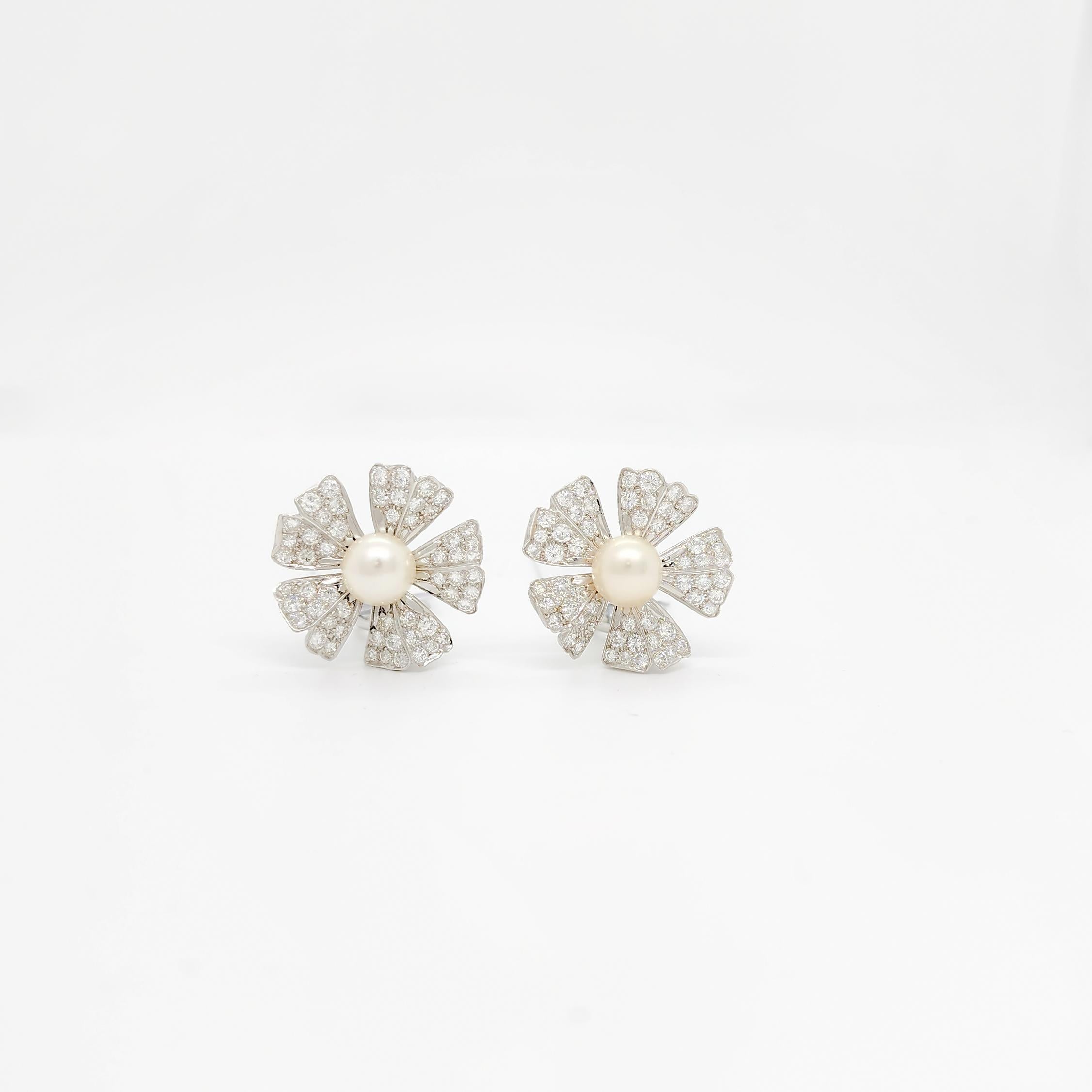 Women's or Men's White Pearl and Diamond Round Omega Earrings For Sale