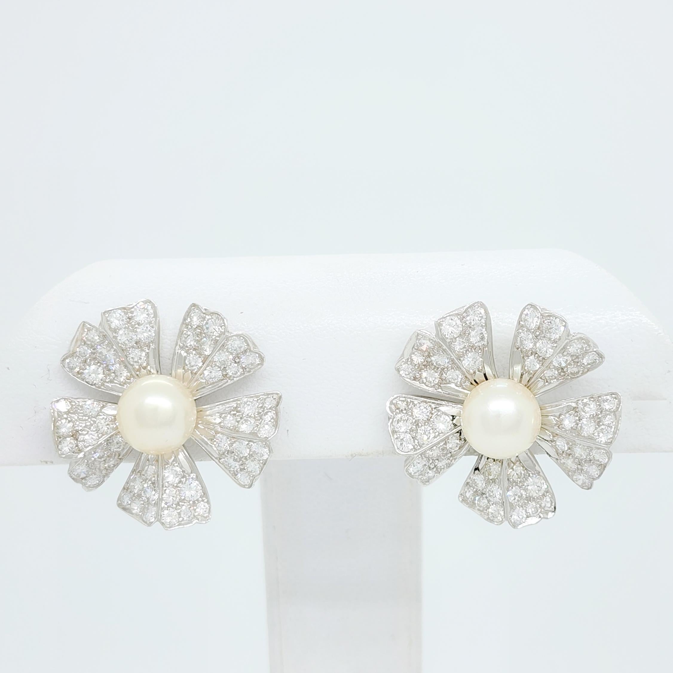 White Pearl and Diamond Round Omega Earrings For Sale 1
