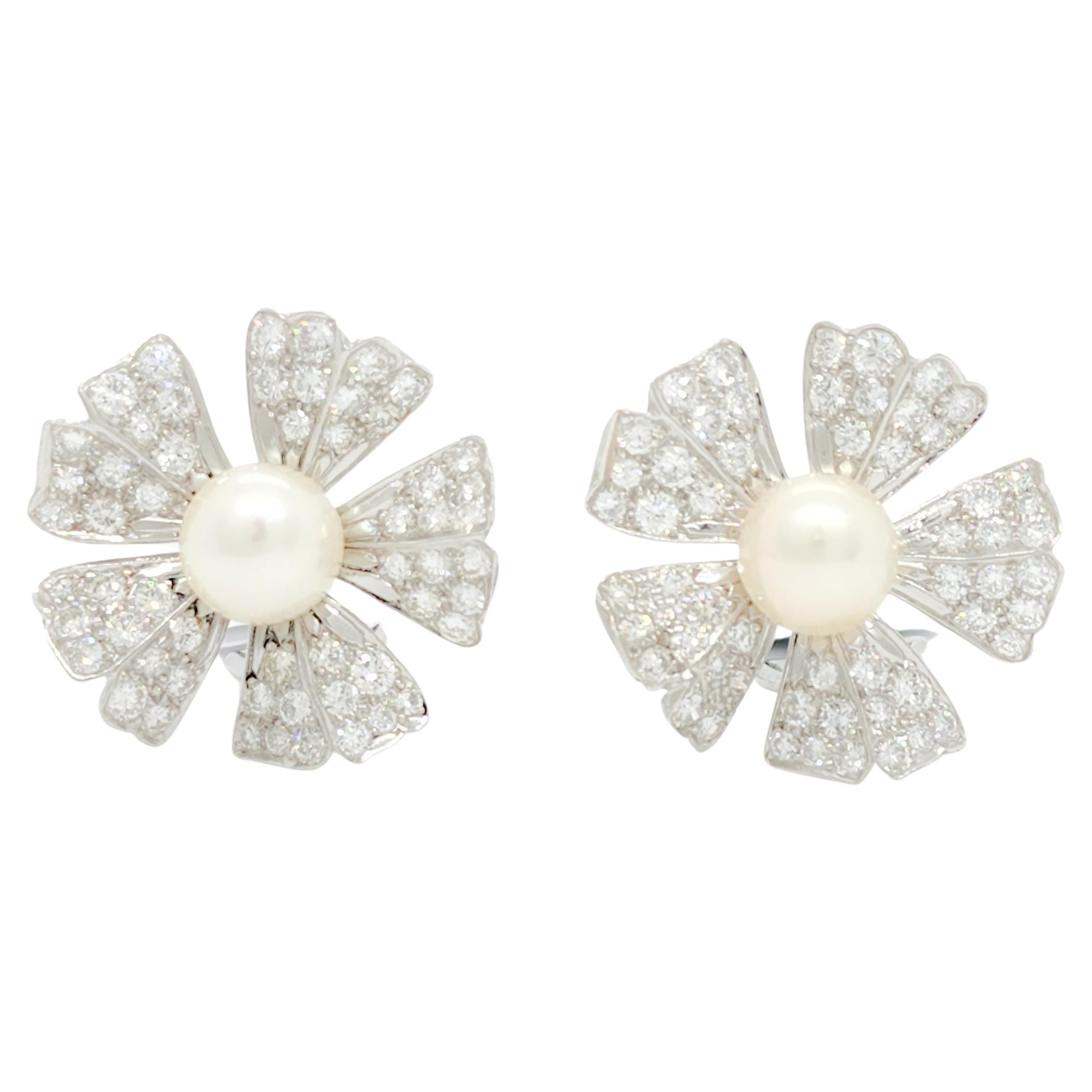 White Pearl and Diamond Round Omega Earrings For Sale