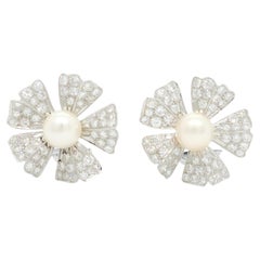 White Pearl and Diamond Round Omega Earrings