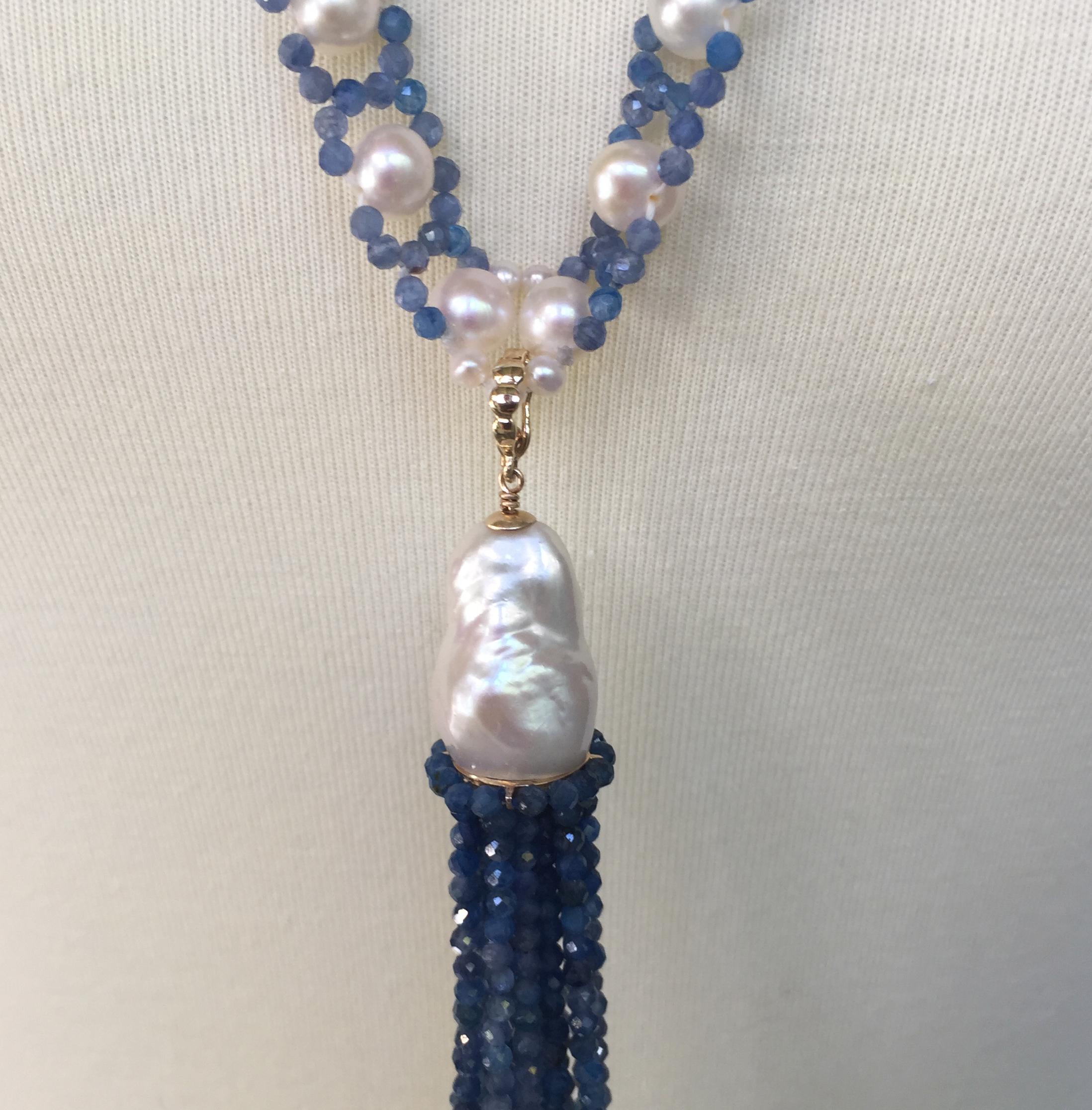 Artist Marina J White Pearl and Kyanite Sautoir Necklace with Tassel and 14 K Gold Clip