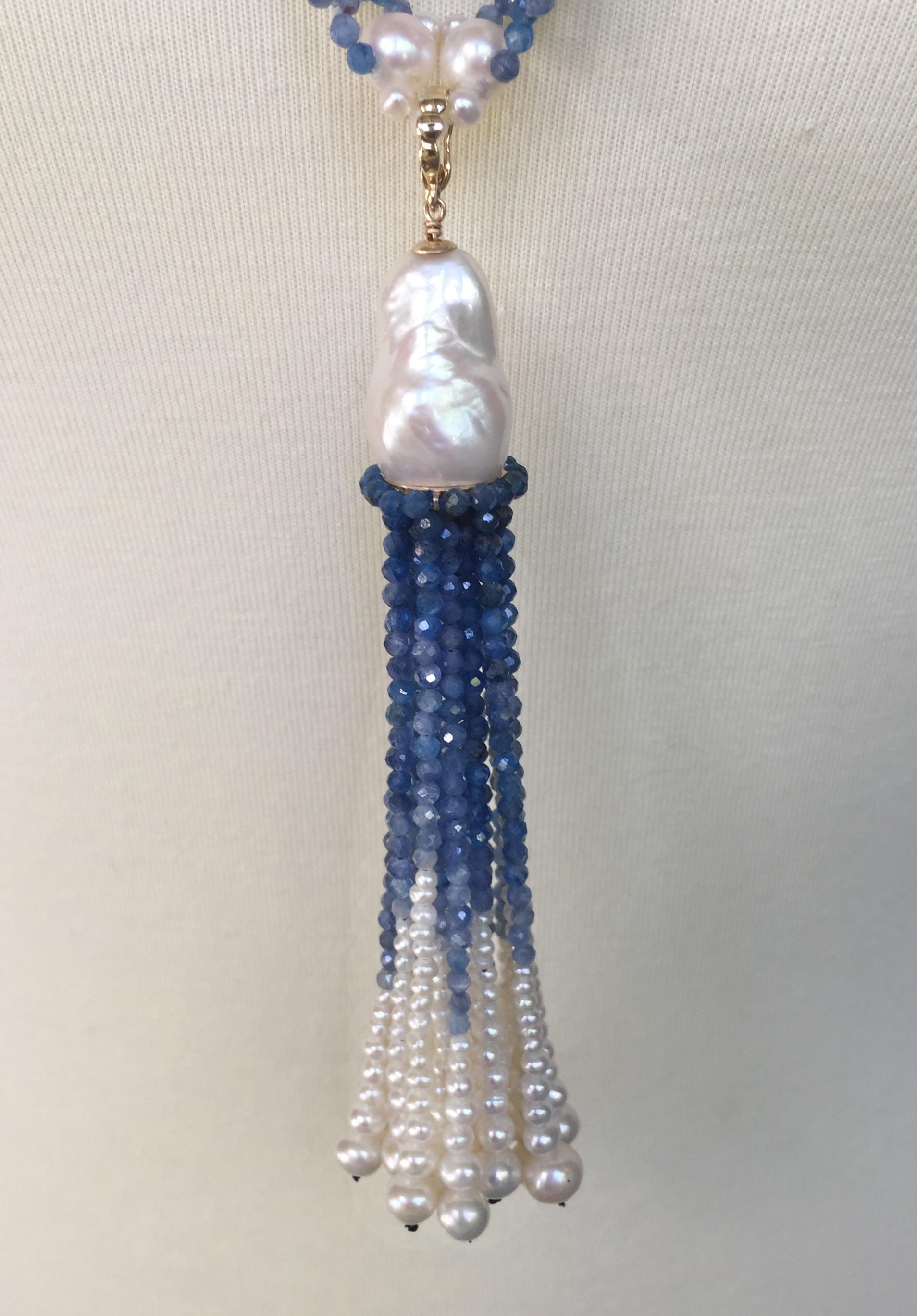 Marina J White Pearl and Kyanite Sautoir Necklace with Tassel and 14 K Gold Clip In New Condition In Los Angeles, CA