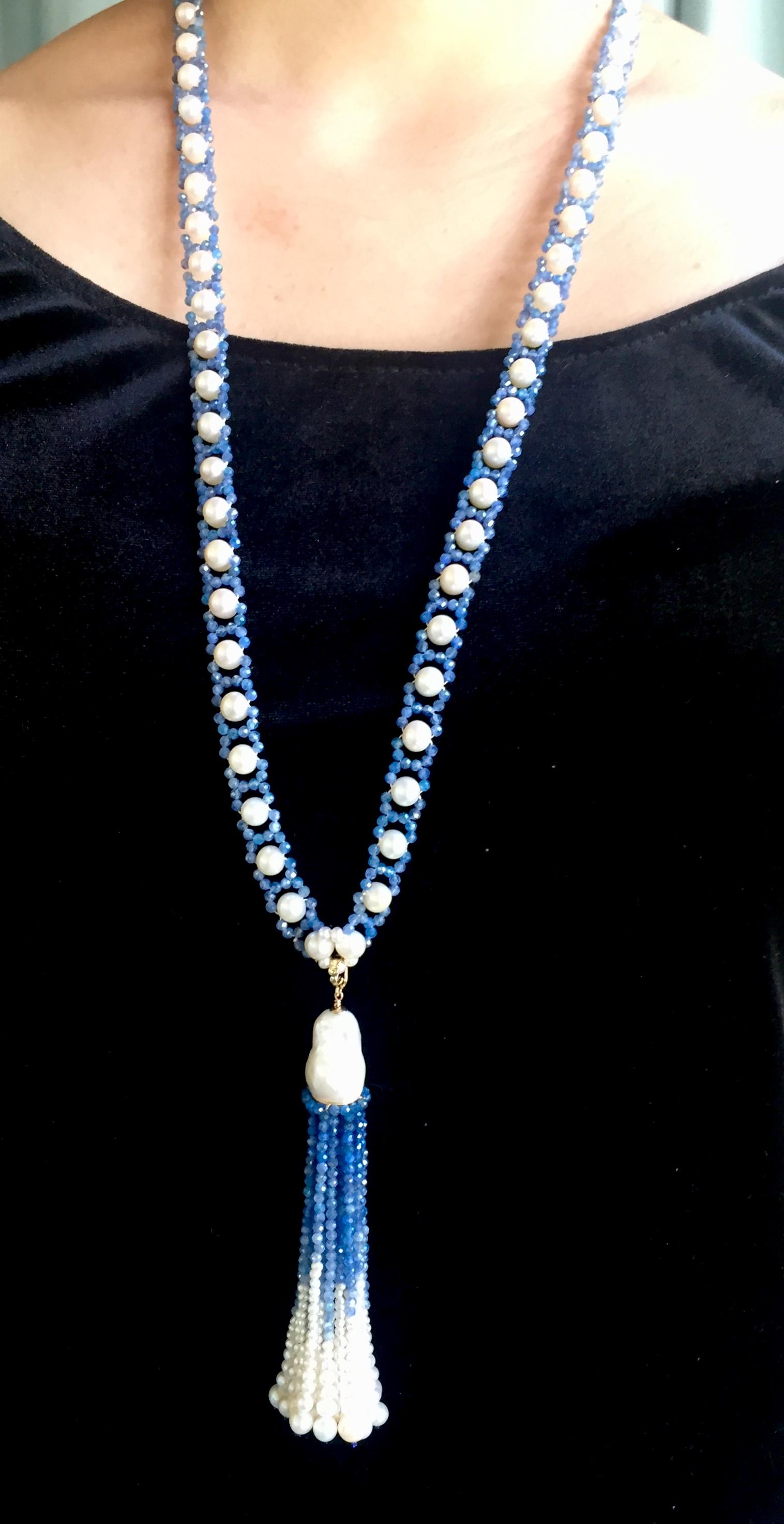 Women's Marina J White Pearl and Kyanite Sautoir Necklace with Tassel and 14 K Gold Clip