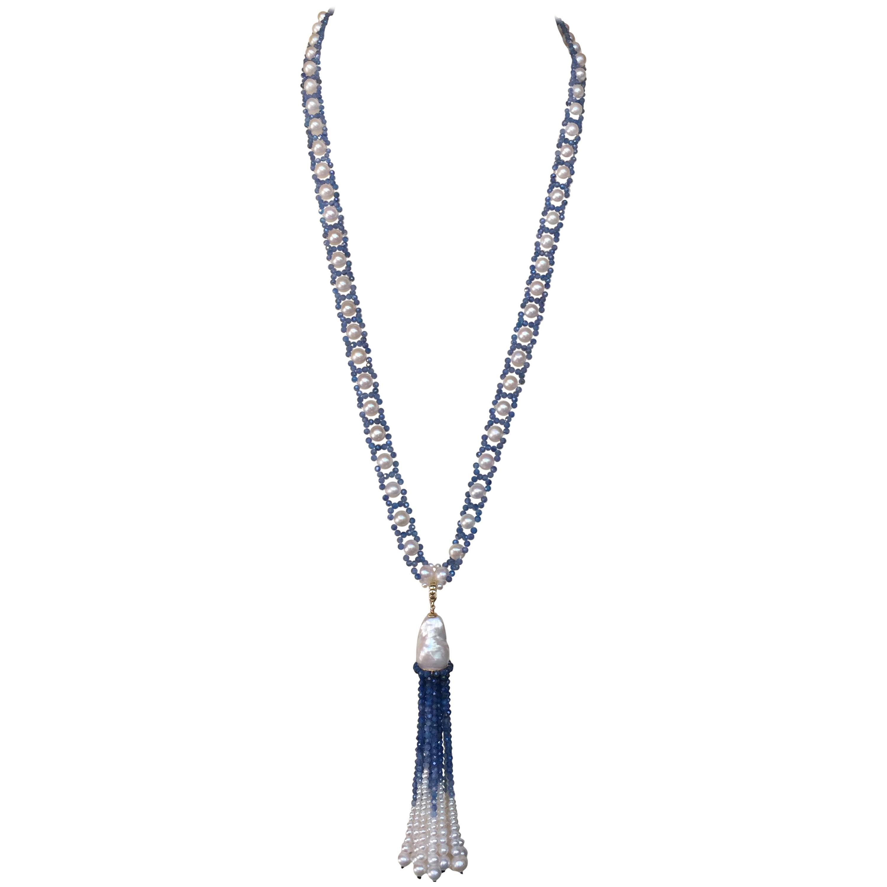 Marina J White Pearl and Kyanite Sautoir Necklace with Tassel and 14 K Gold Clip