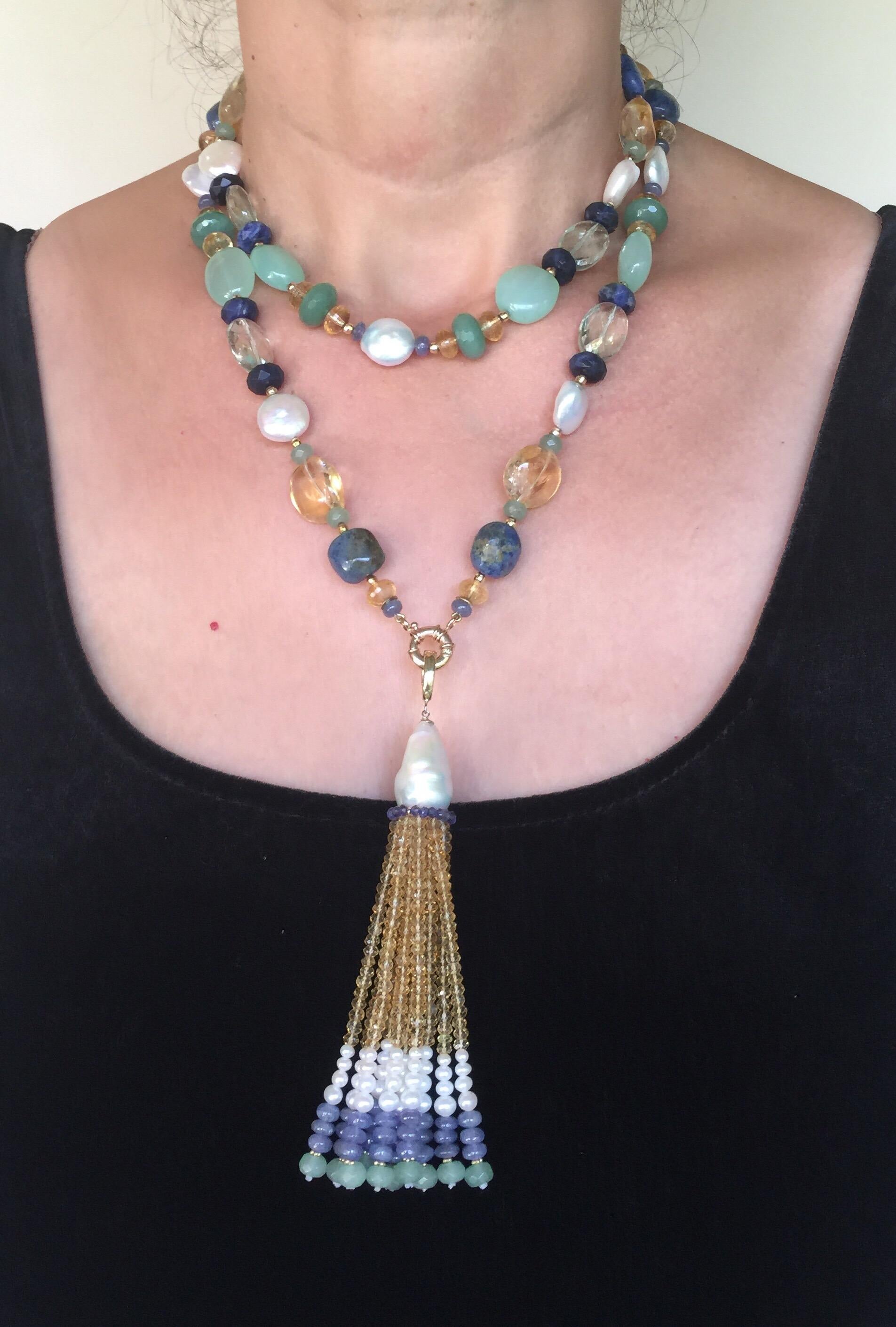 White Pearl and Multi-Color Stone Necklace and Tassel with 14 Karat Gold Clasp 5