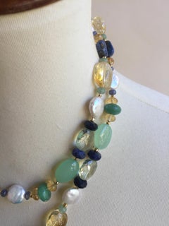 White Pearl and Multi-Color Stone Necklace and Tassel with 14 Karat Gold Clasp