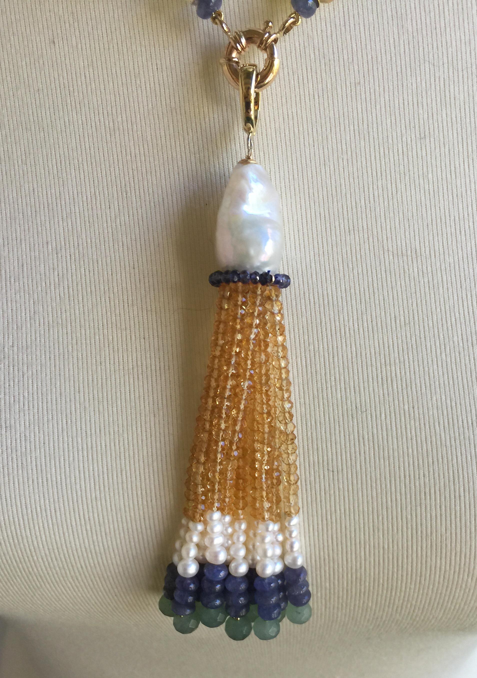 White Pearl and Multi-Color Stone Necklace and Tassel with 14 Karat Gold Clasp In New Condition In Los Angeles, CA