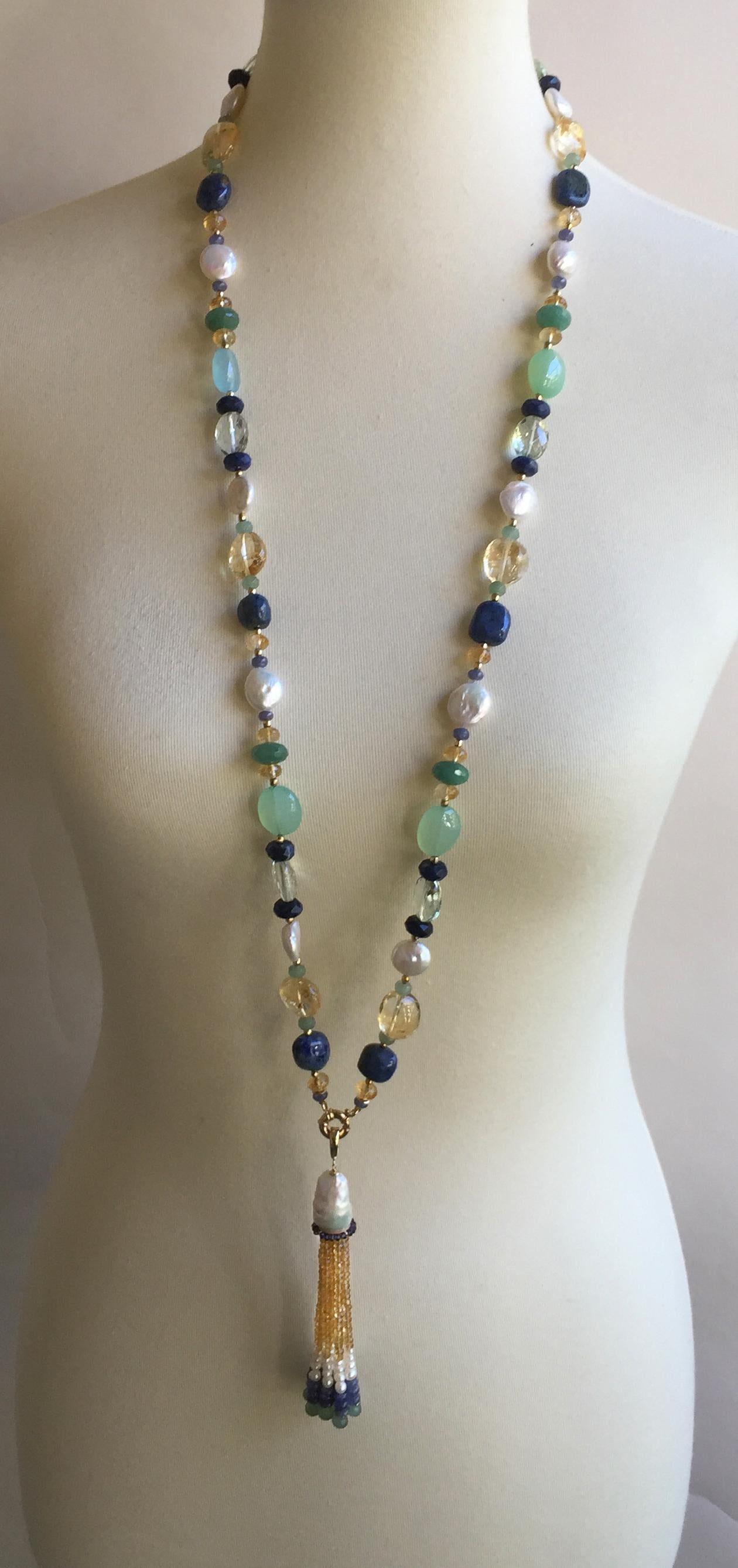 Women's White Pearl and Multi-Color Stone Necklace and Tassel with 14 Karat Gold Clasp