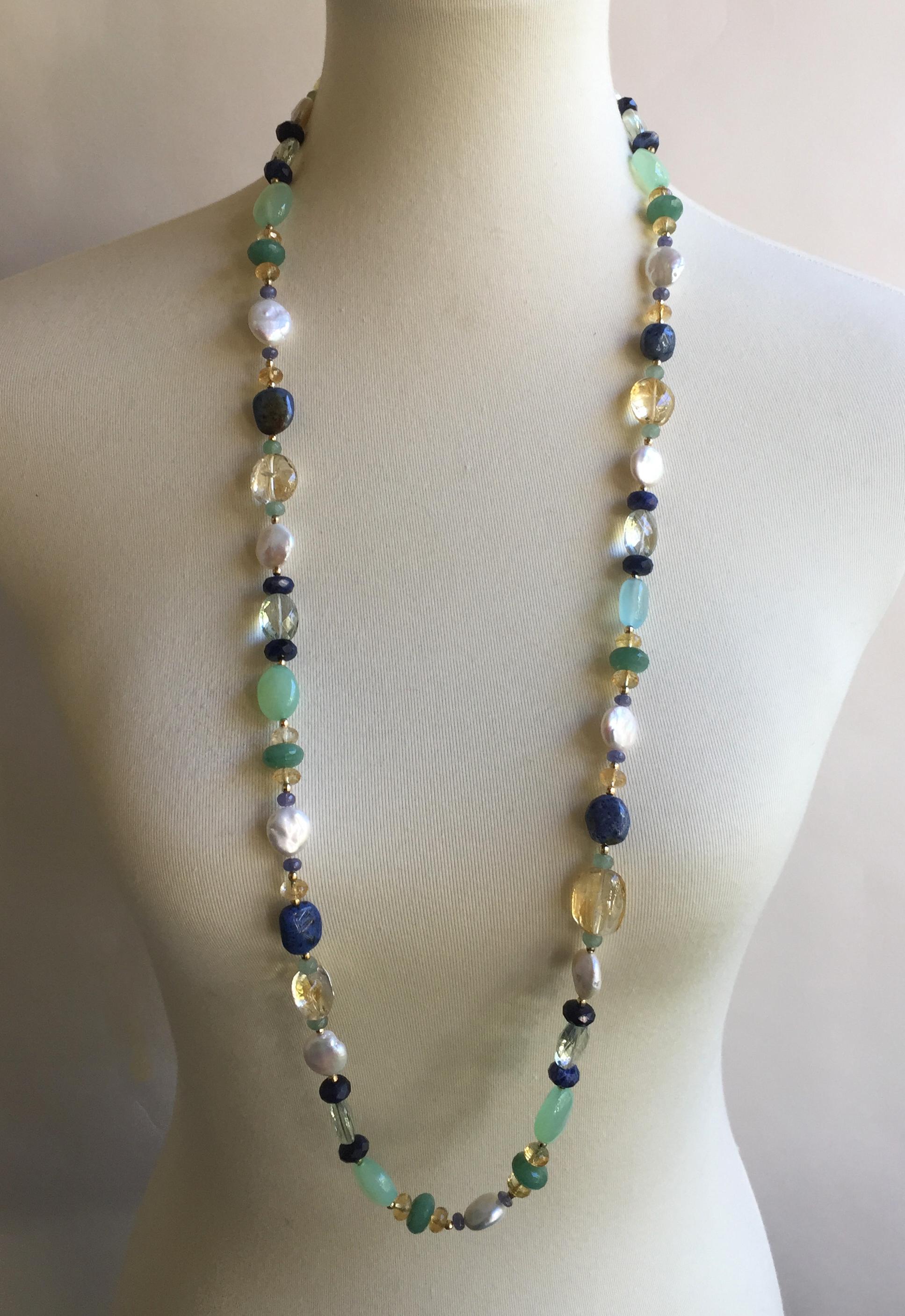 White Pearl and Multi-Color Stone Necklace and Tassel with 14 Karat Gold Clasp 3