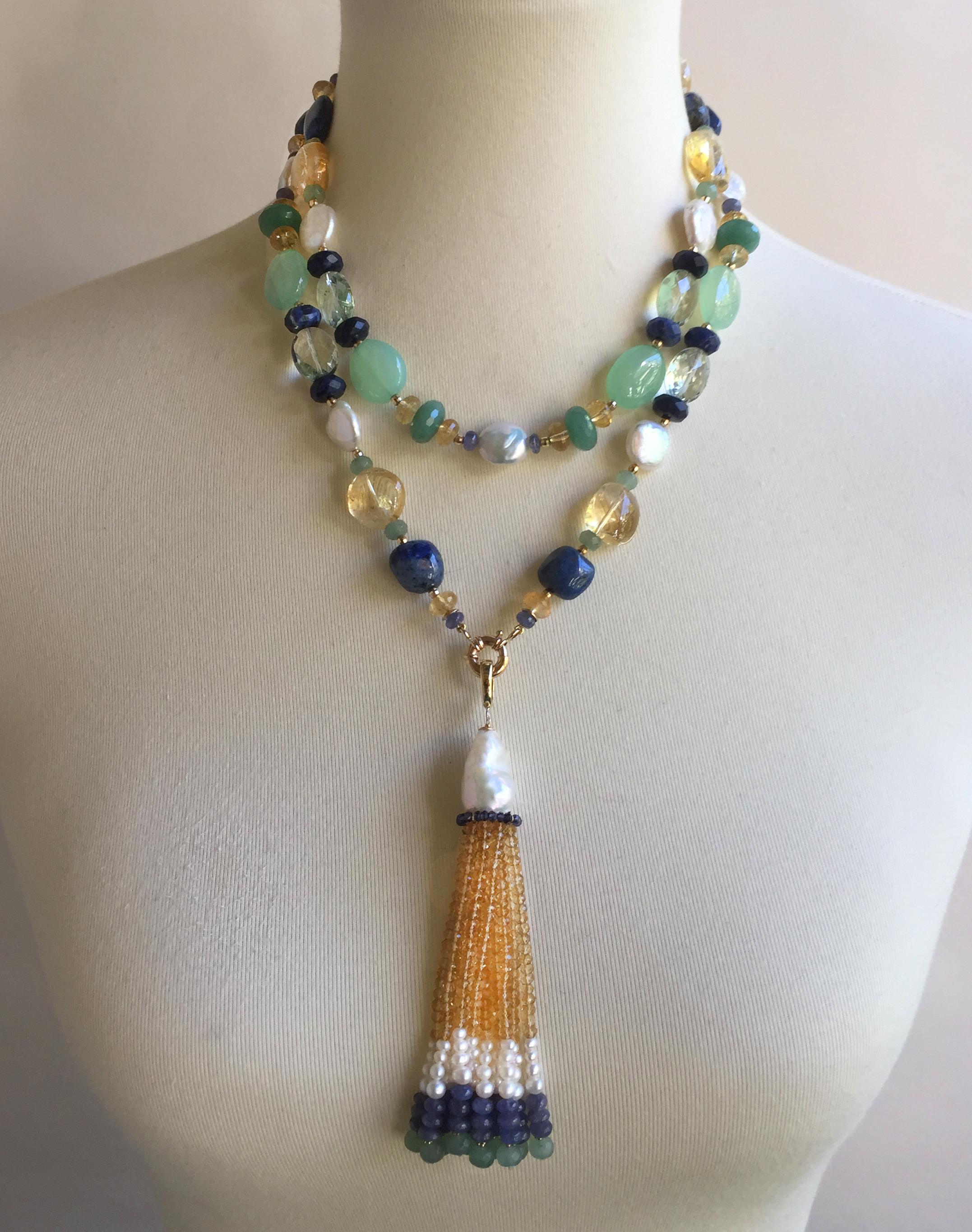 White Pearl and Multi-Color Stone Necklace and Tassel with 14 Karat Gold Clasp 4