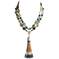 White Pearl and Multi-Color Stone Necklace and Tassel with 14 Karat Gold Clasp