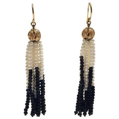 White Pearl and Onyx Tassel Earrings, 14 Karat Gold Filigree Bead and Hook