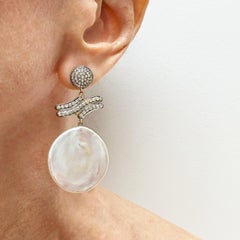 White Pearl and Pave Diamonds Expandable Earrings