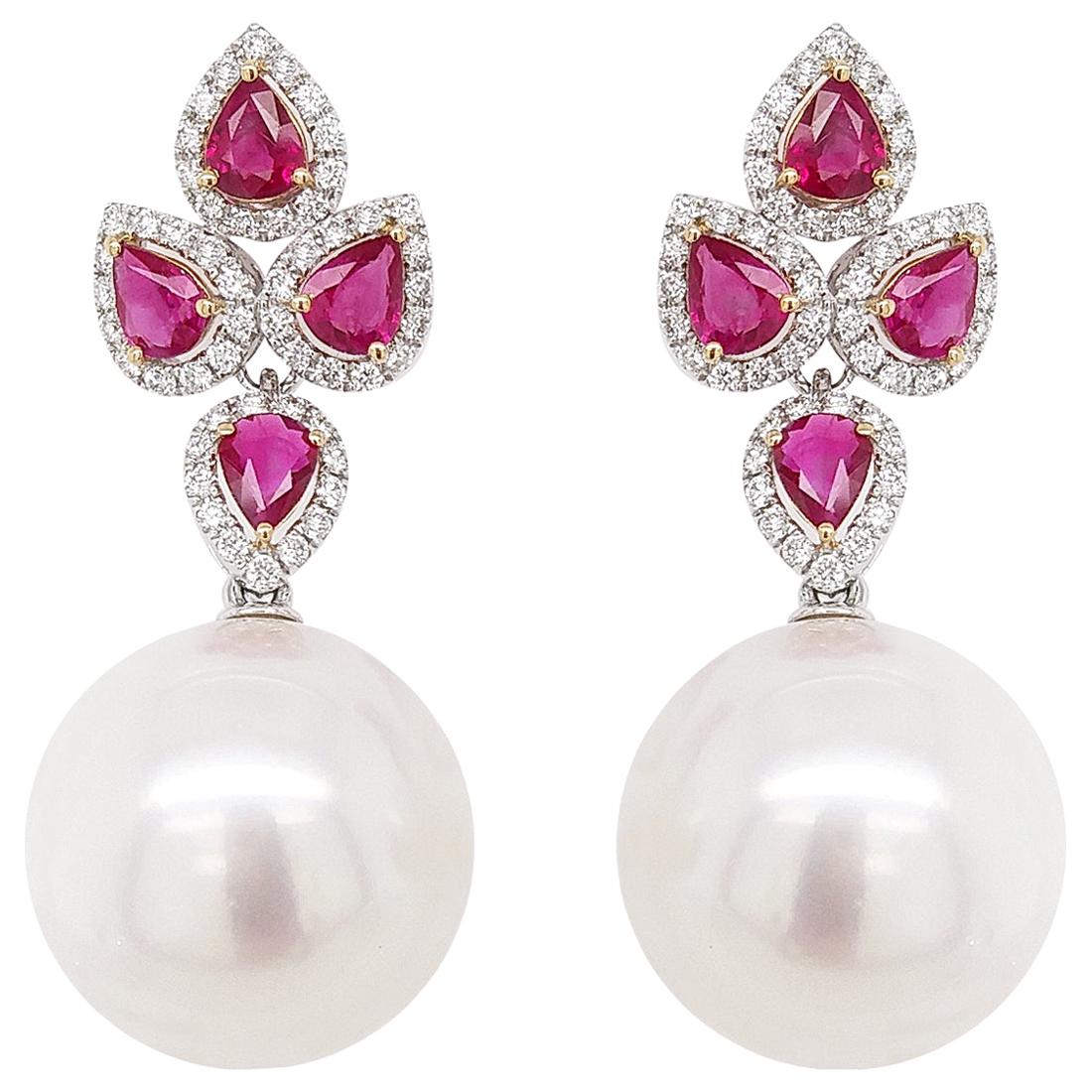 White Pearl Ruby White Diamond 18K Gold Drop Earrings