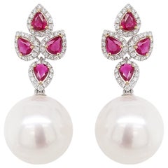 HYT White Pearl and Ruby and White Diamond in 18 Karat White Gold Drop Earrings