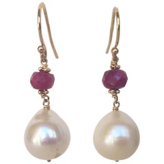 White Pearl and Ruby Earrings with 14 Karat Yellow Gold Hooks and Findings