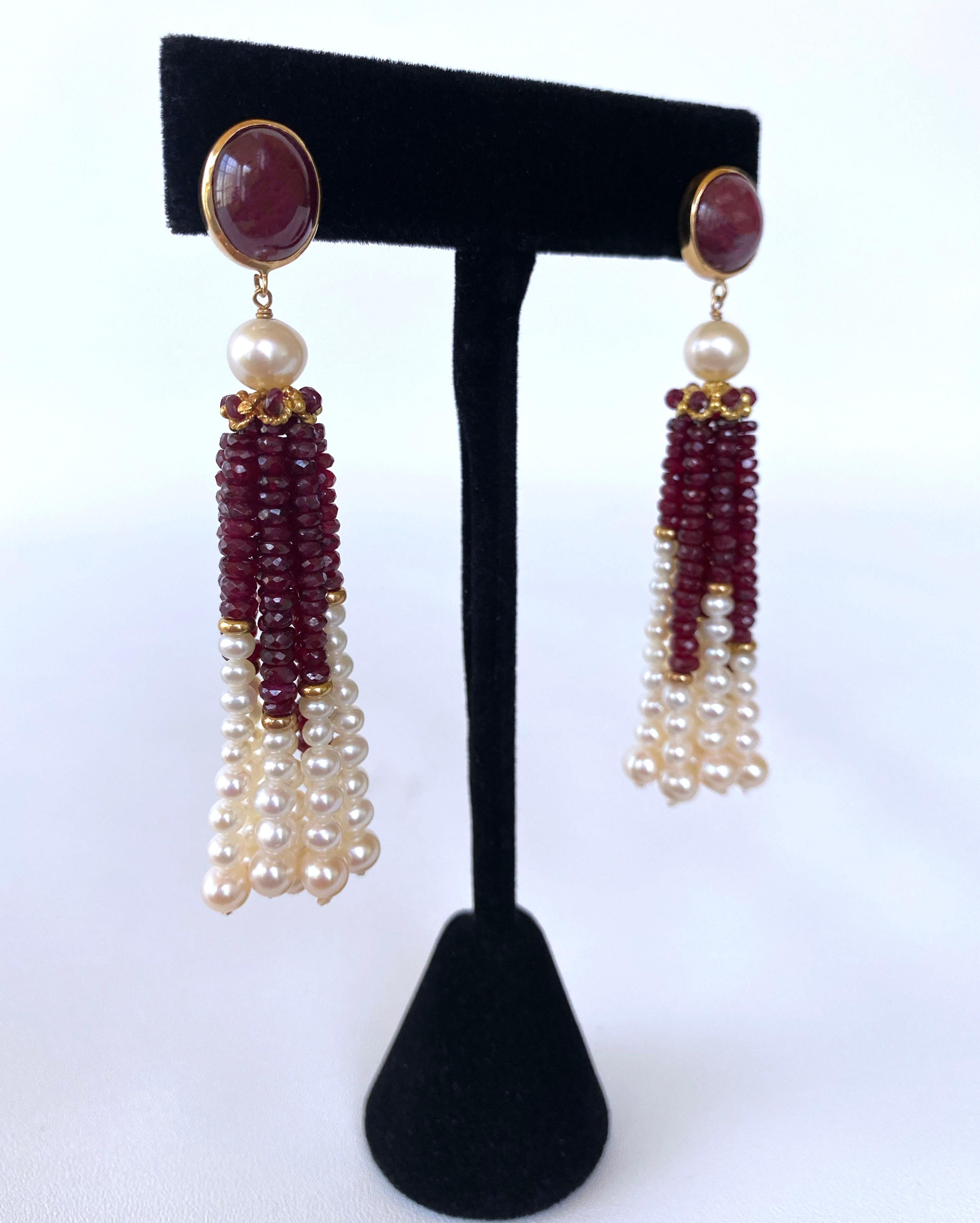 Marina J White Pearl and Ruby Graduated Tassel Earrings with 14k Yellow Gold  4